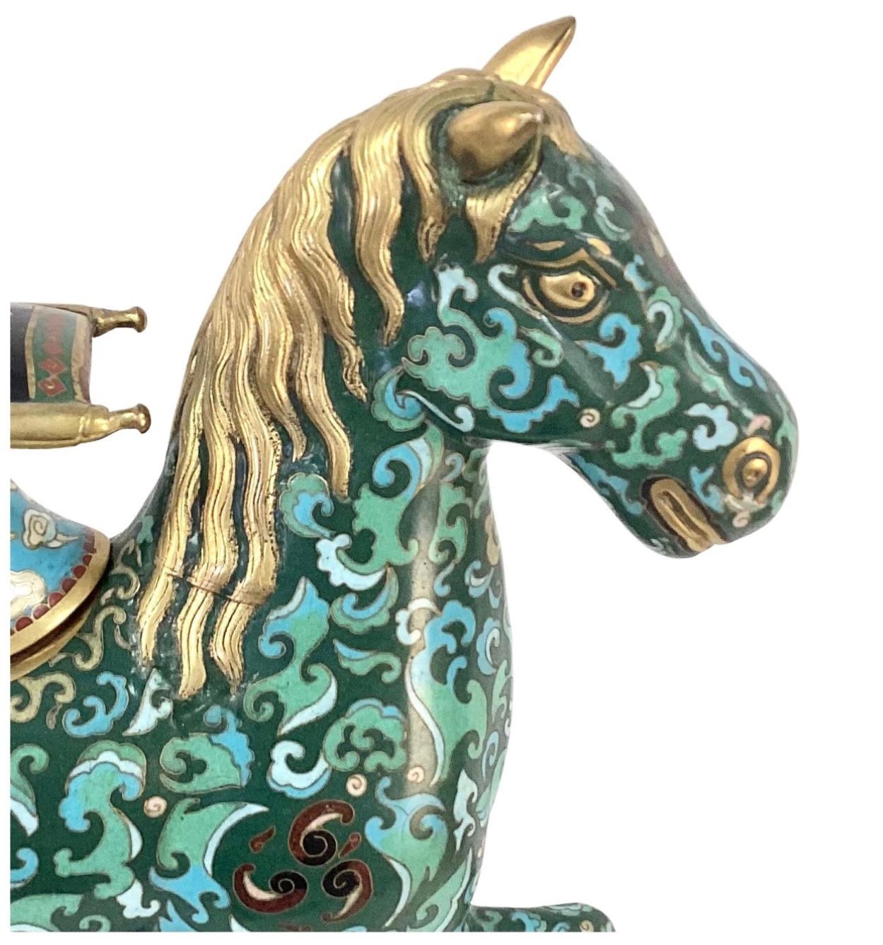 Pair Chinese Cloisonné Enamel Caparison Horse-Form Censers on Metal Bases 2
