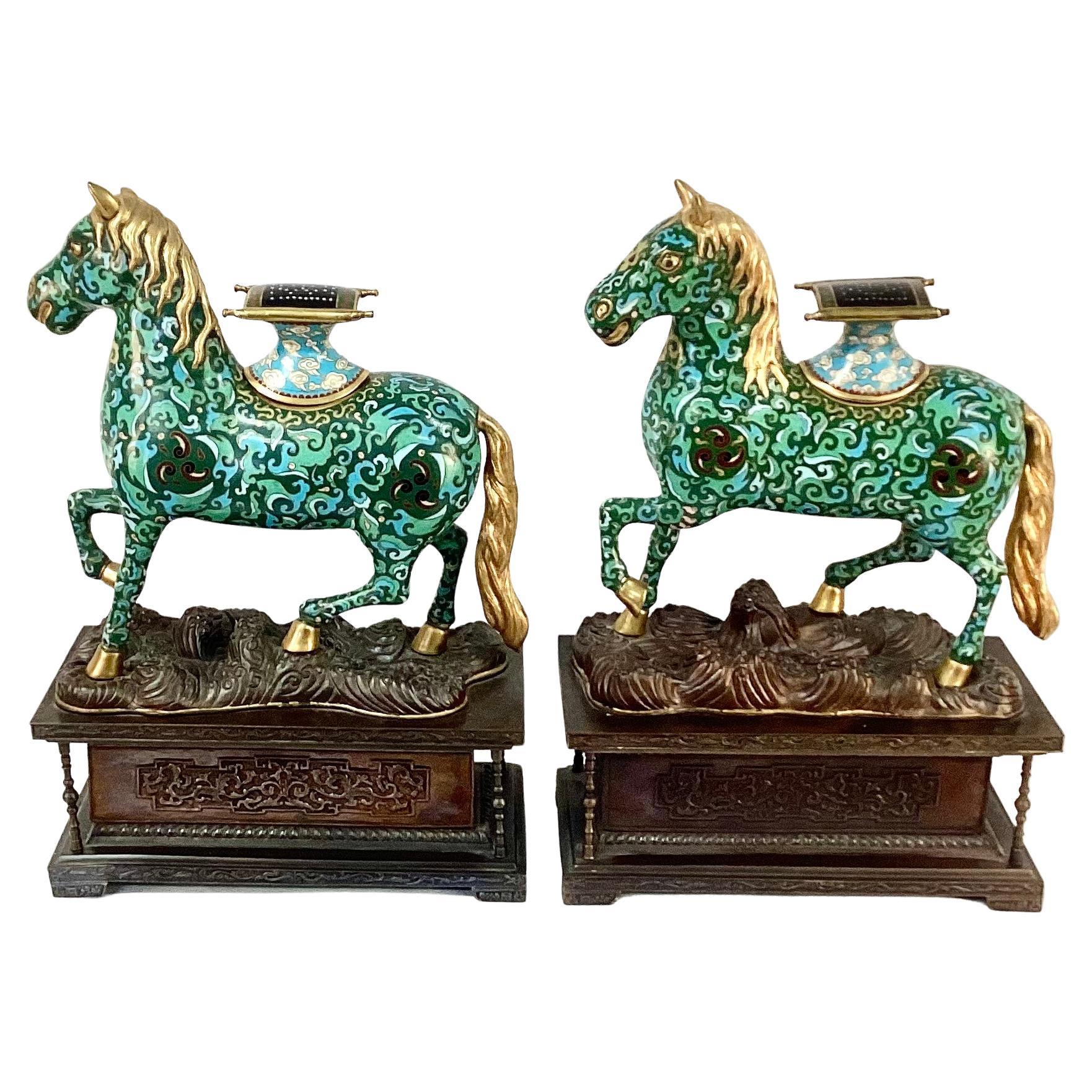 Pair Chinese Cloisonné Enamel Caparison Horse-Form Censers on Metal Bases