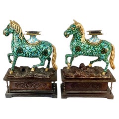 Vintage Pair Chinese Cloisonné Enamel Caparison Horse-Form Censers on Metal Bases