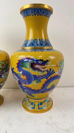 Pair Chinese Cloisonne Enamel Yellow Dragon Vases