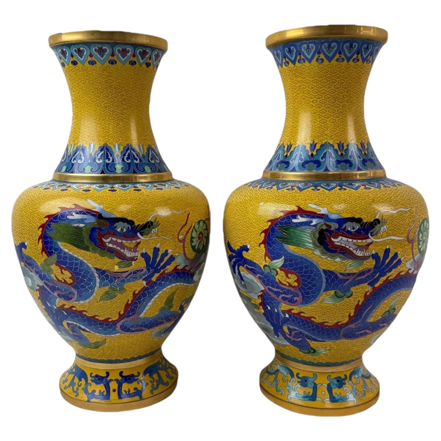 Pair Chinese Cloisonne Enamel Yellow Dragon Vases