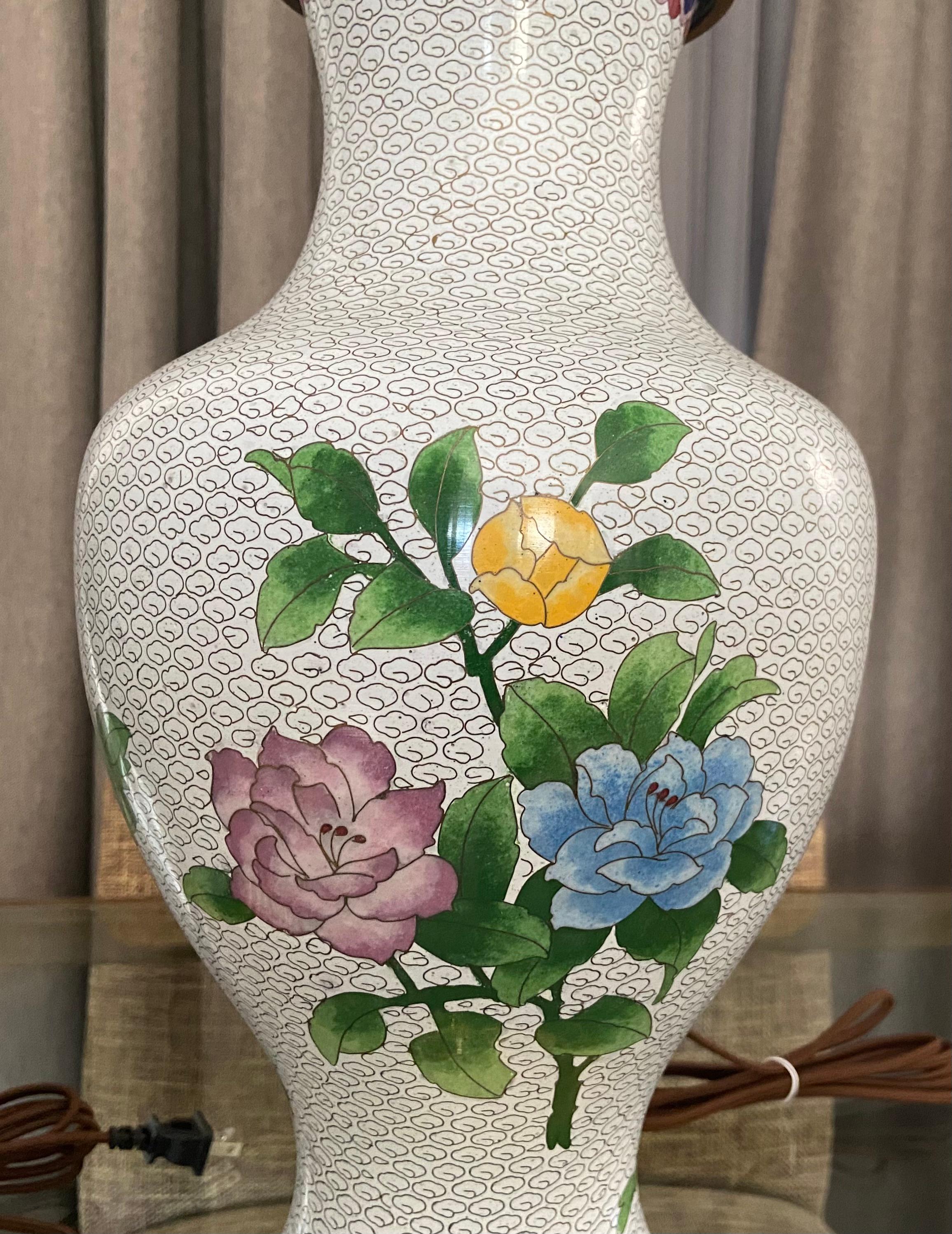 Pair Chinese Cloisonné Floral Table Lamps For Sale 3
