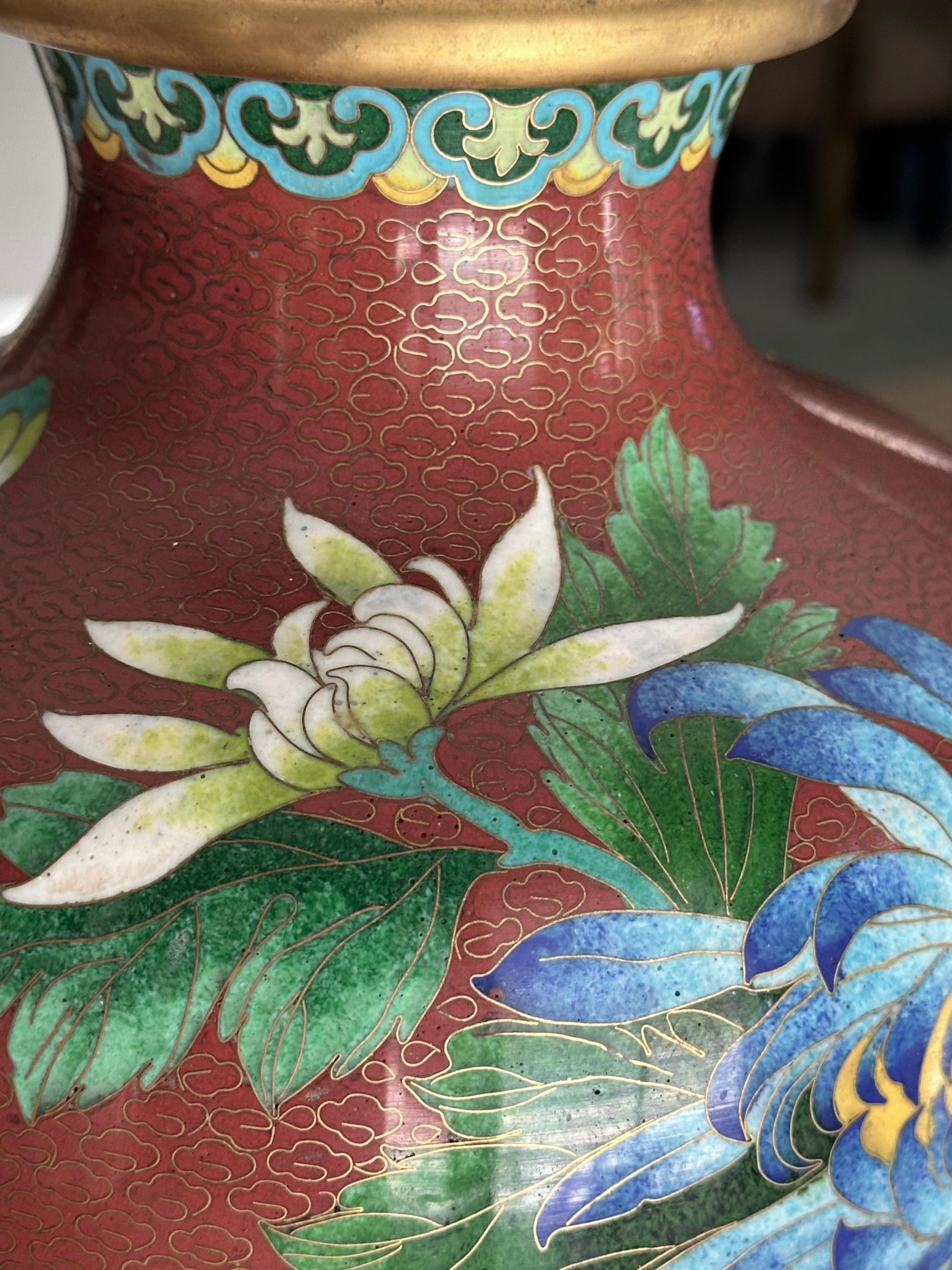 Pair Chinese Cloisonné Floral Vases For Sale 7