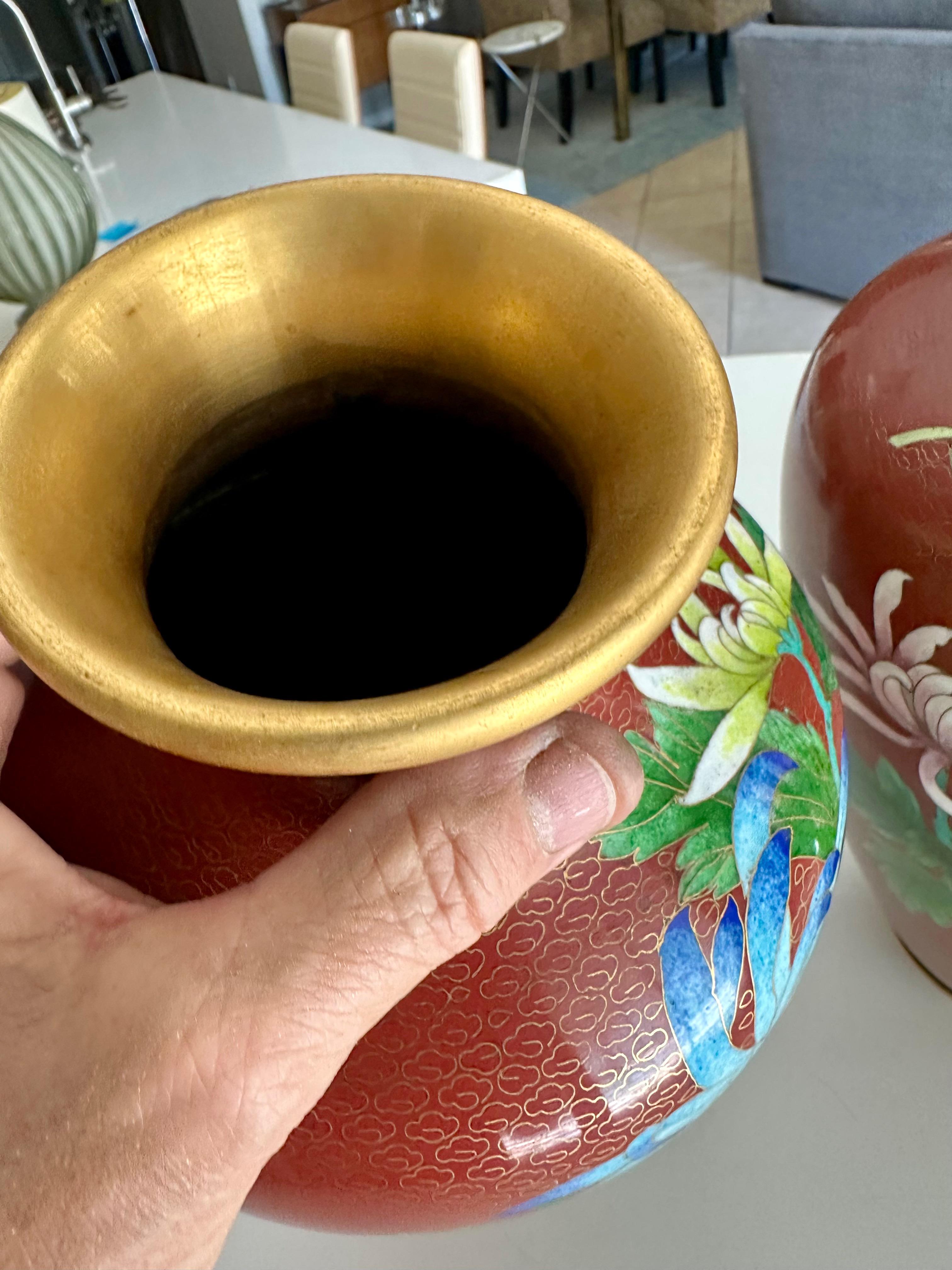 Pair Chinese Cloisonné Floral Vases For Sale 9