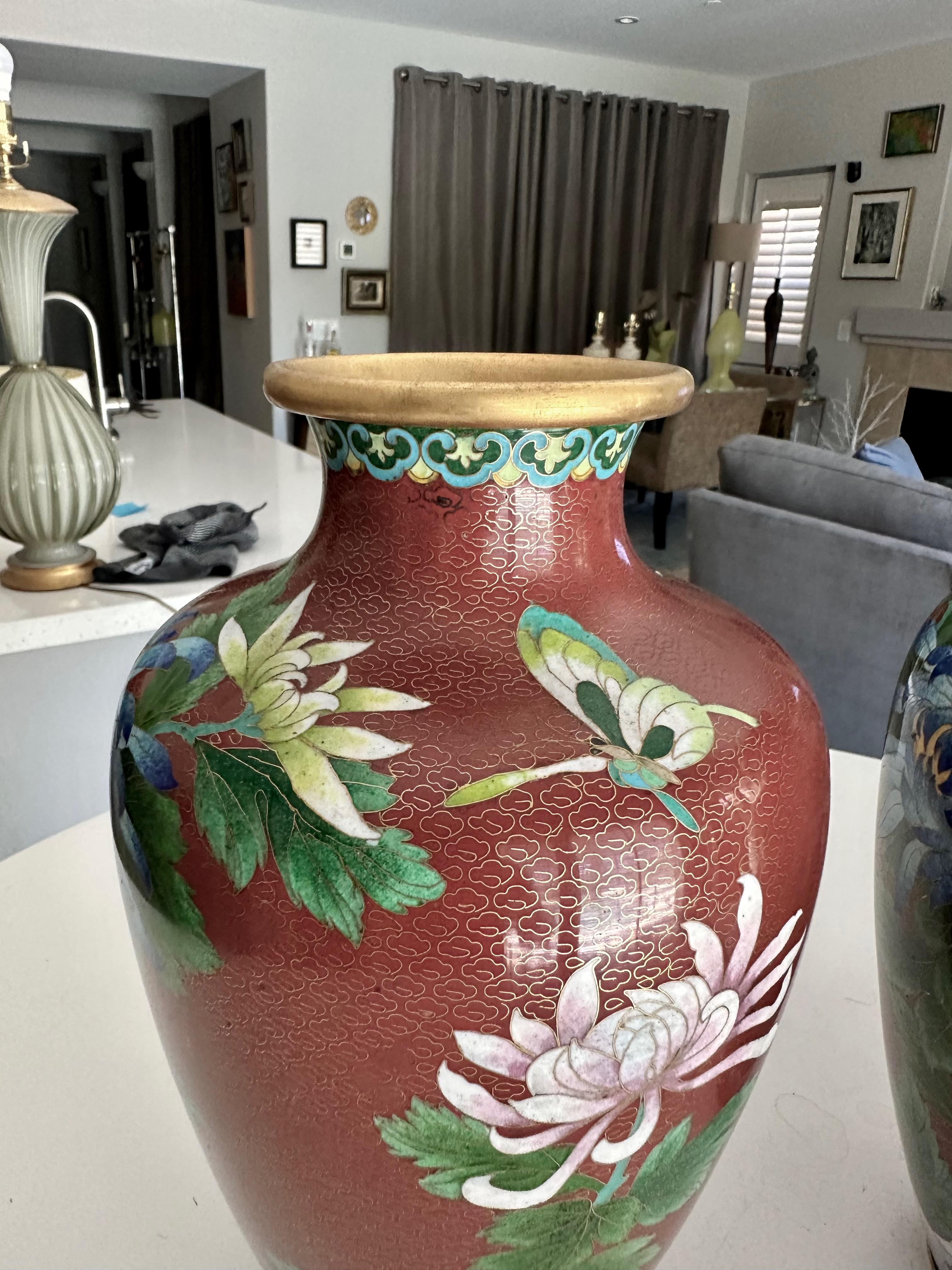 Pair Chinese Cloisonné Floral Vases For Sale 12