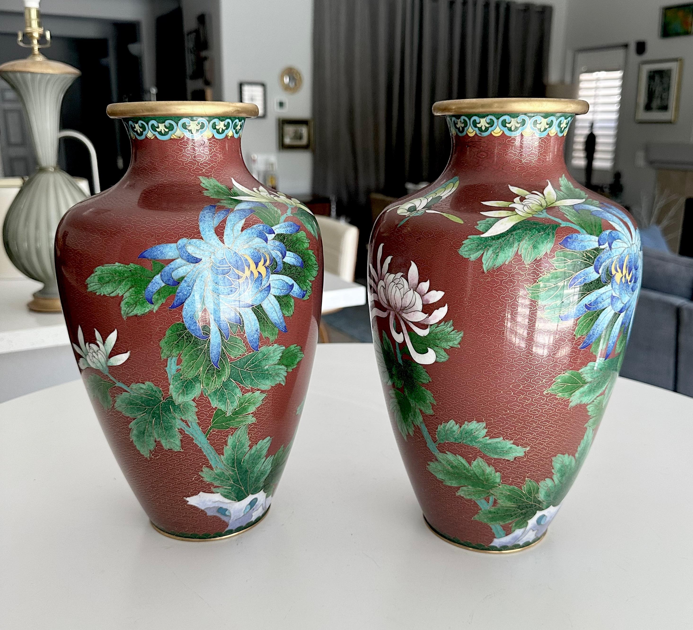 Pair of vintage Chinese gilt copper cloisonne enameled vases, of baluster form with rust enameled and blue Chrysanthemum floral motif, 12.5