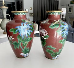 Vintage Chinese Cloisonné Vases, Gilt Copper, Floral Motif, 1960s