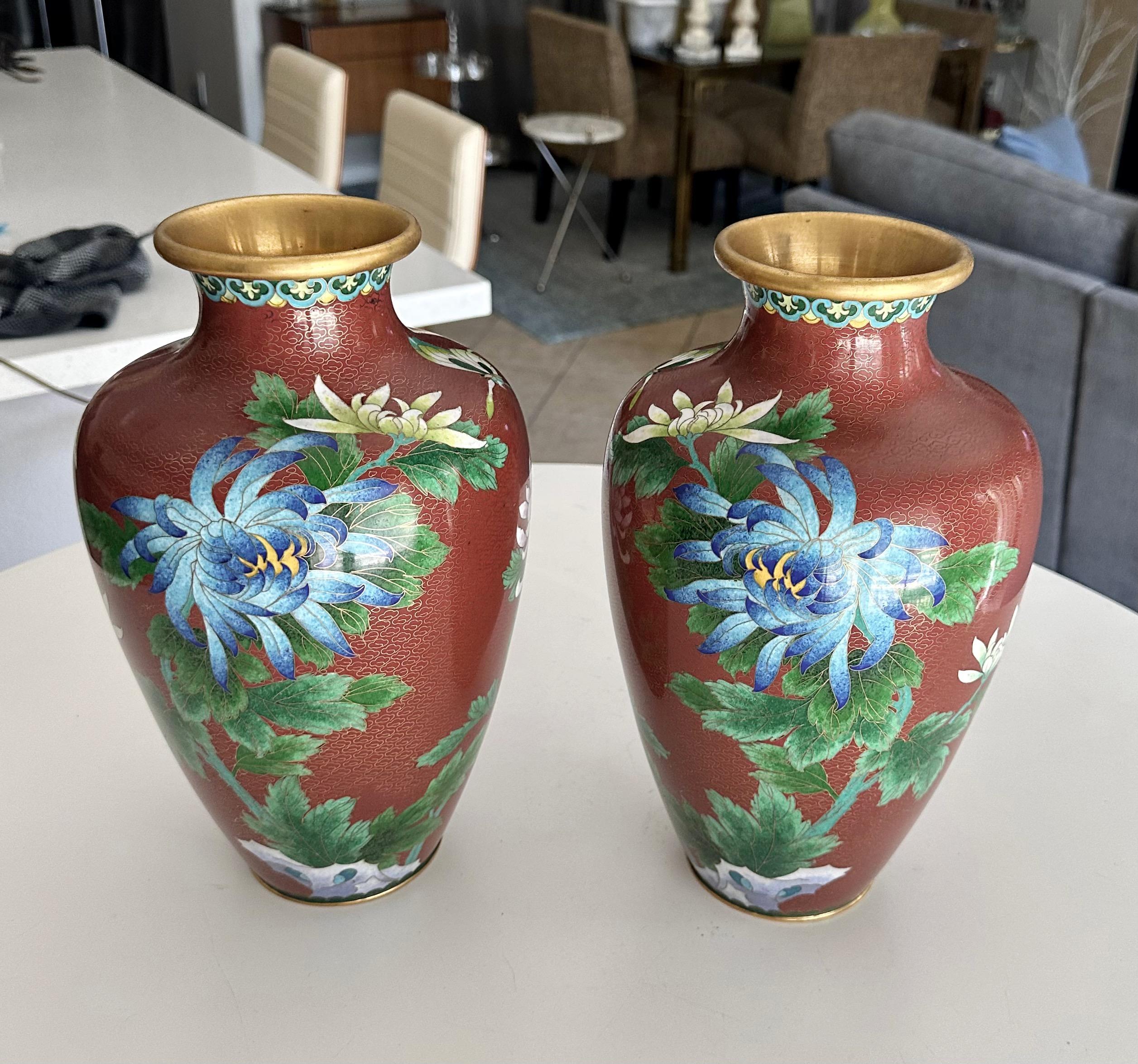 Mid-20th Century Pair Chinese Cloisonné Floral Vases For Sale