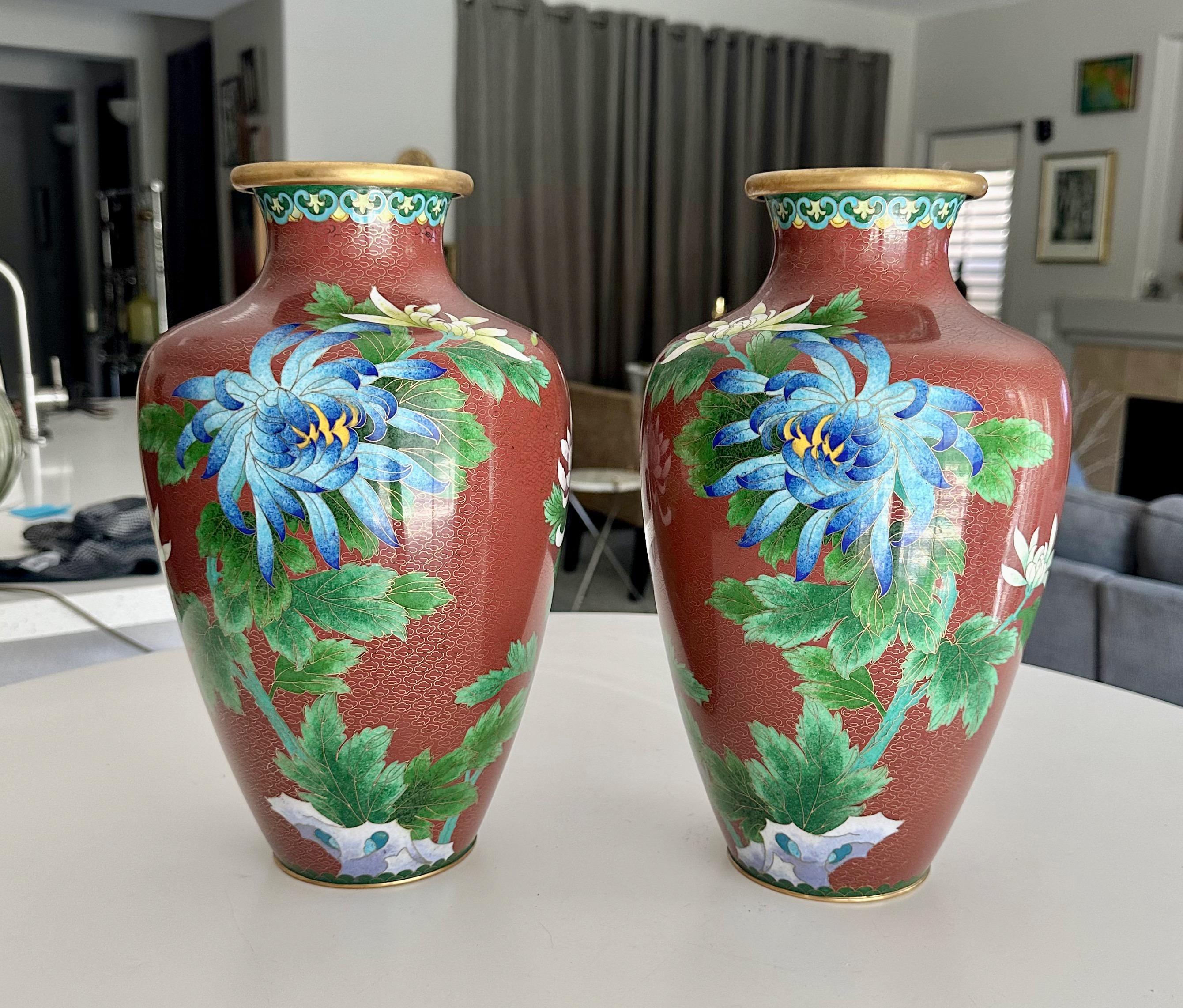 Metal Pair Chinese Cloisonné Floral Vases For Sale