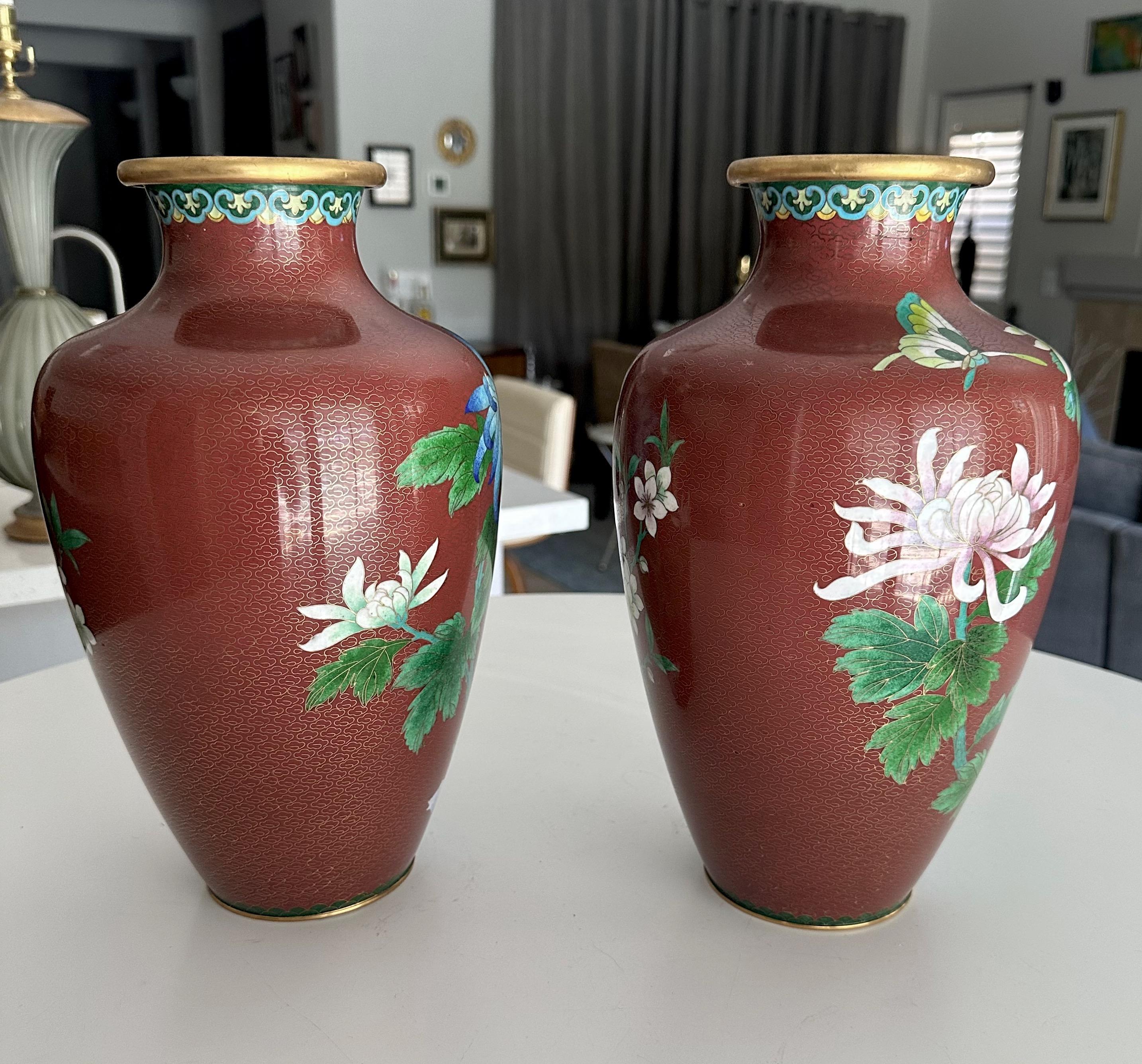 Pair Chinese Cloisonné Floral Vases For Sale 2