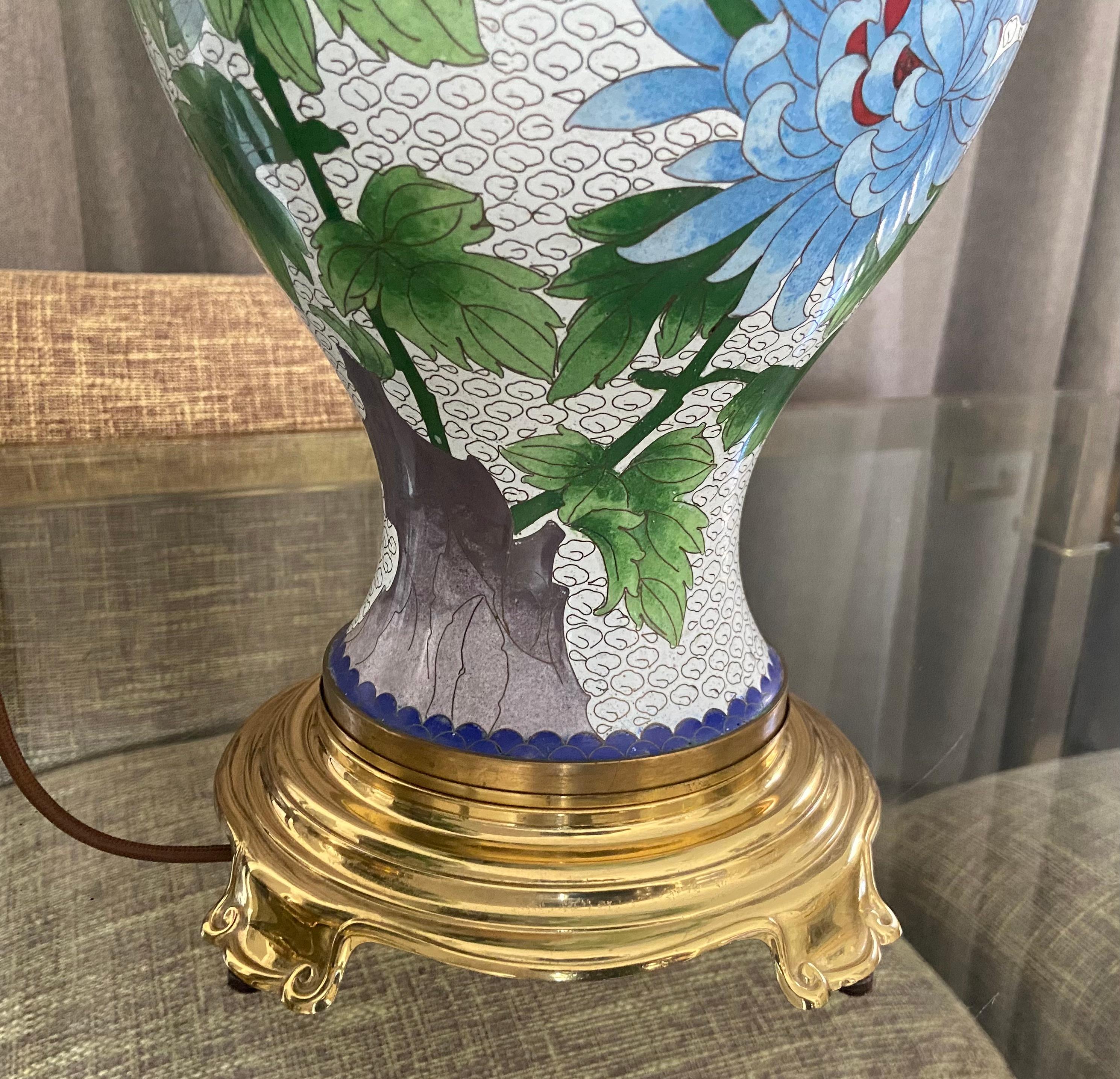 Metal Pair Chinese Cloisonné Floral Table Lamps For Sale