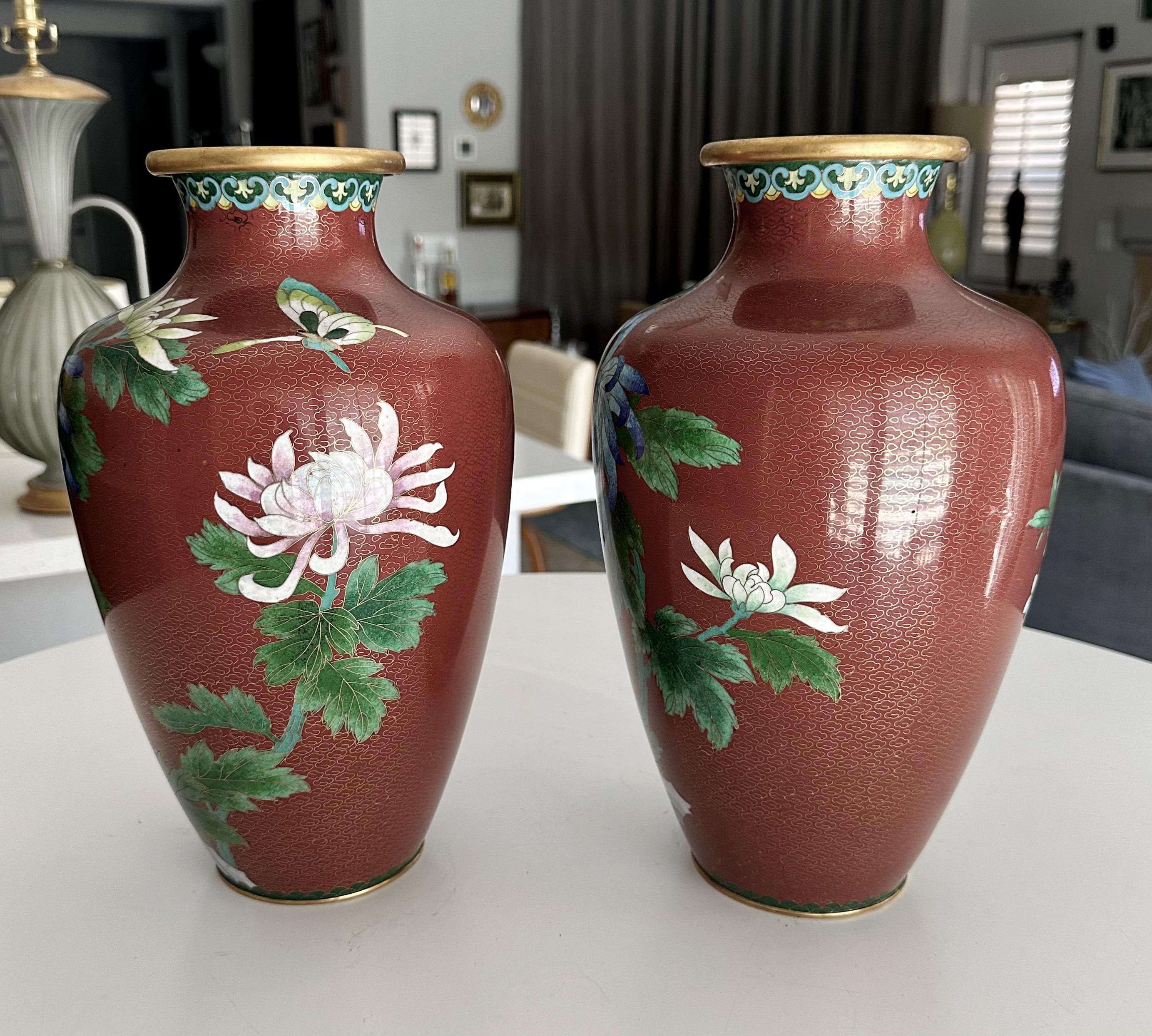 Pair Chinese Cloisonné Floral Vases For Sale 3