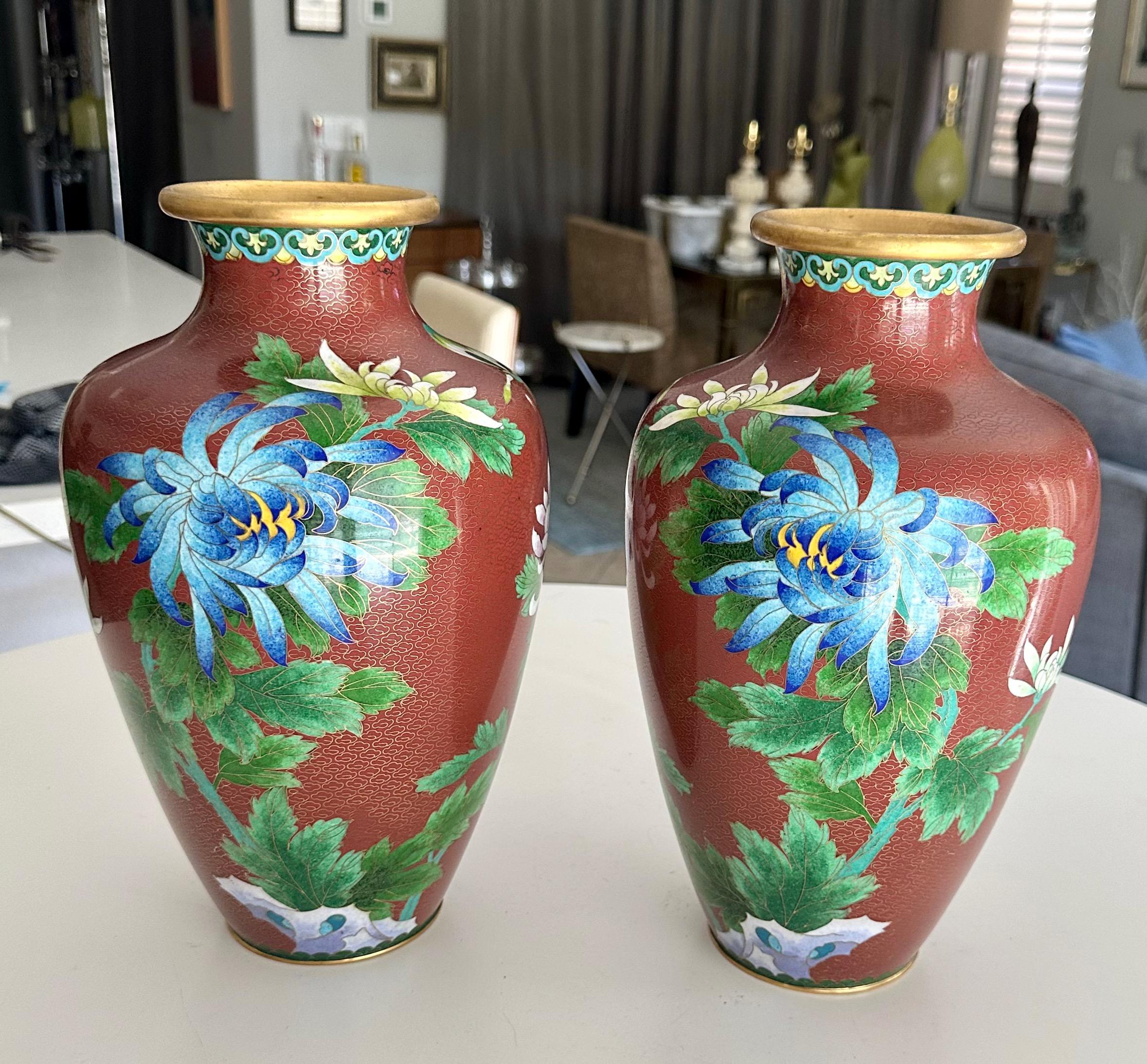 Pair Chinese Cloisonné Floral Vases For Sale 4