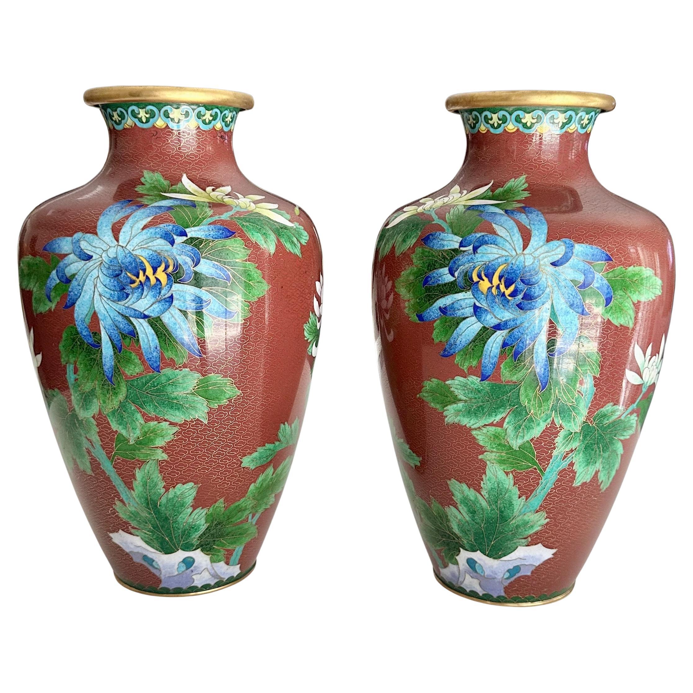 Pair Chinese Cloisonné Floral Vases For Sale
