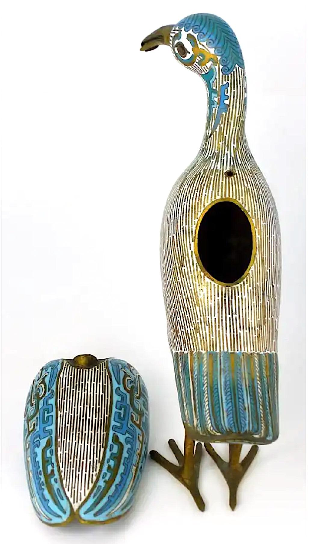 Pair of Chinese Cloisonné Large Bird Form Vessels In Good Condition For Sale In West Palm Beach, FL