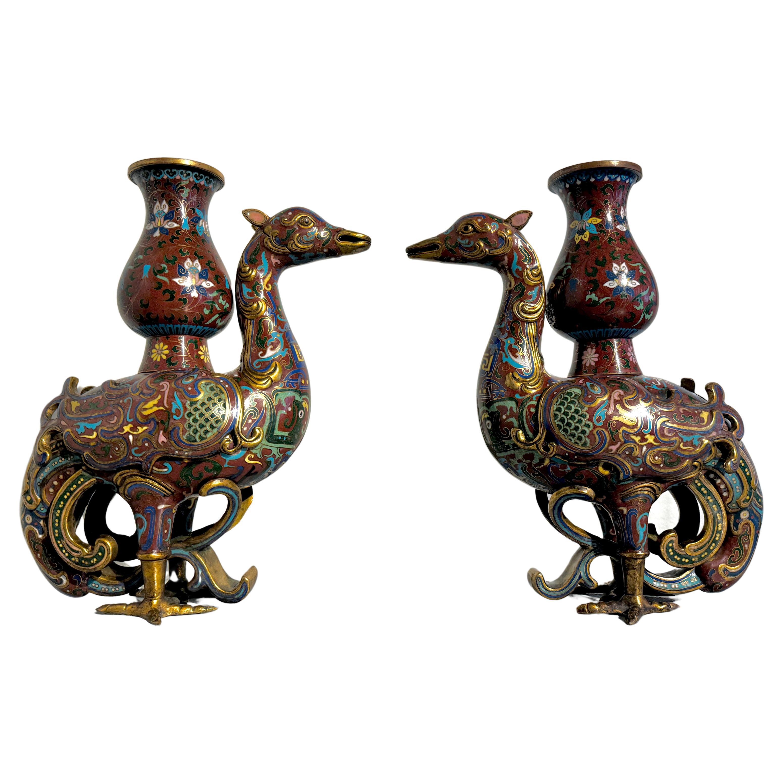 Pair Chinese Cloisonne Phoenix Zun Vases, Late Qing Dynasty, c. 1900, China