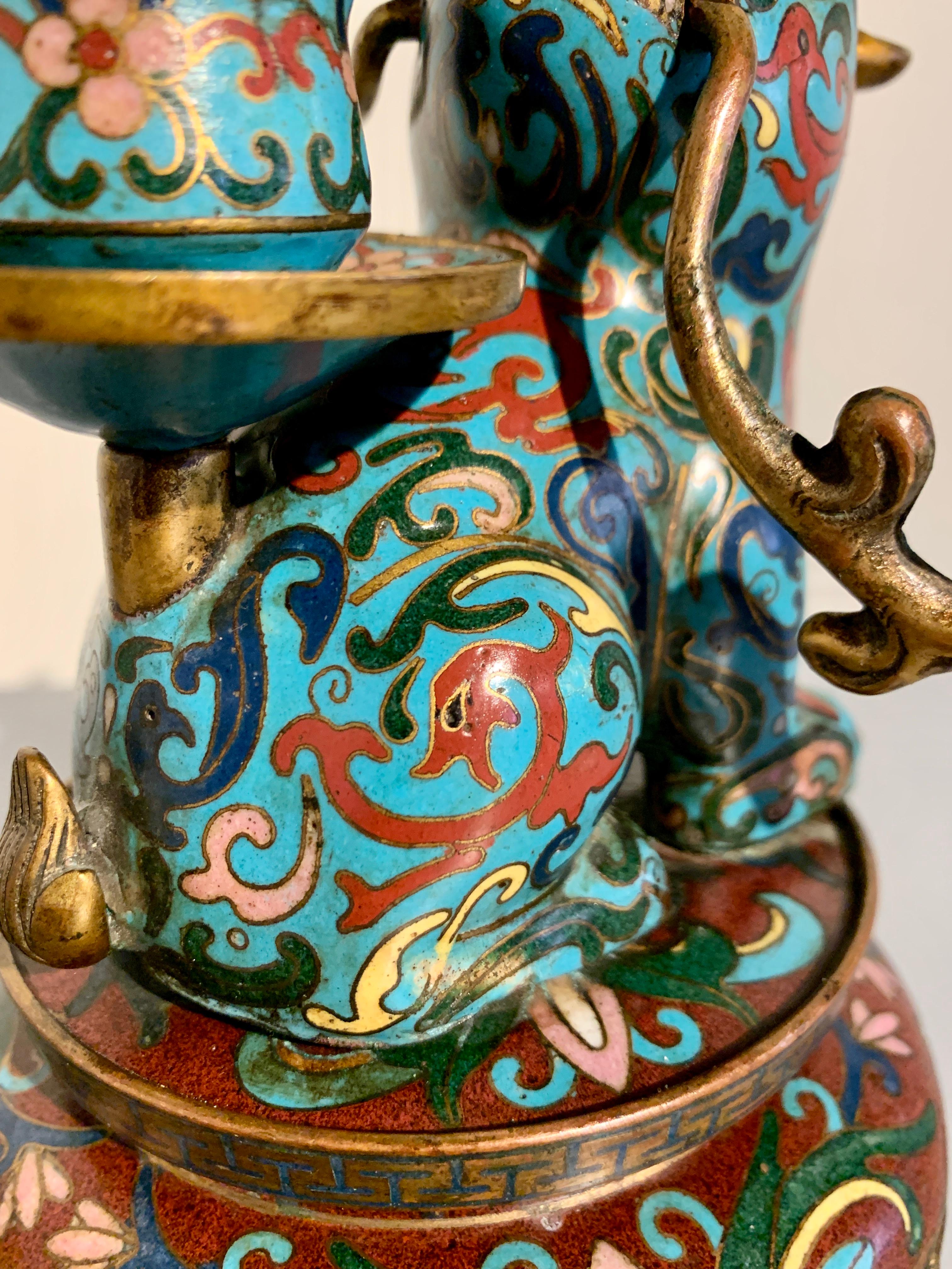 Pair Chinese Cloisonne Tapir Candlesticks, Qing Dynasty, circa 1900, China For Sale 4