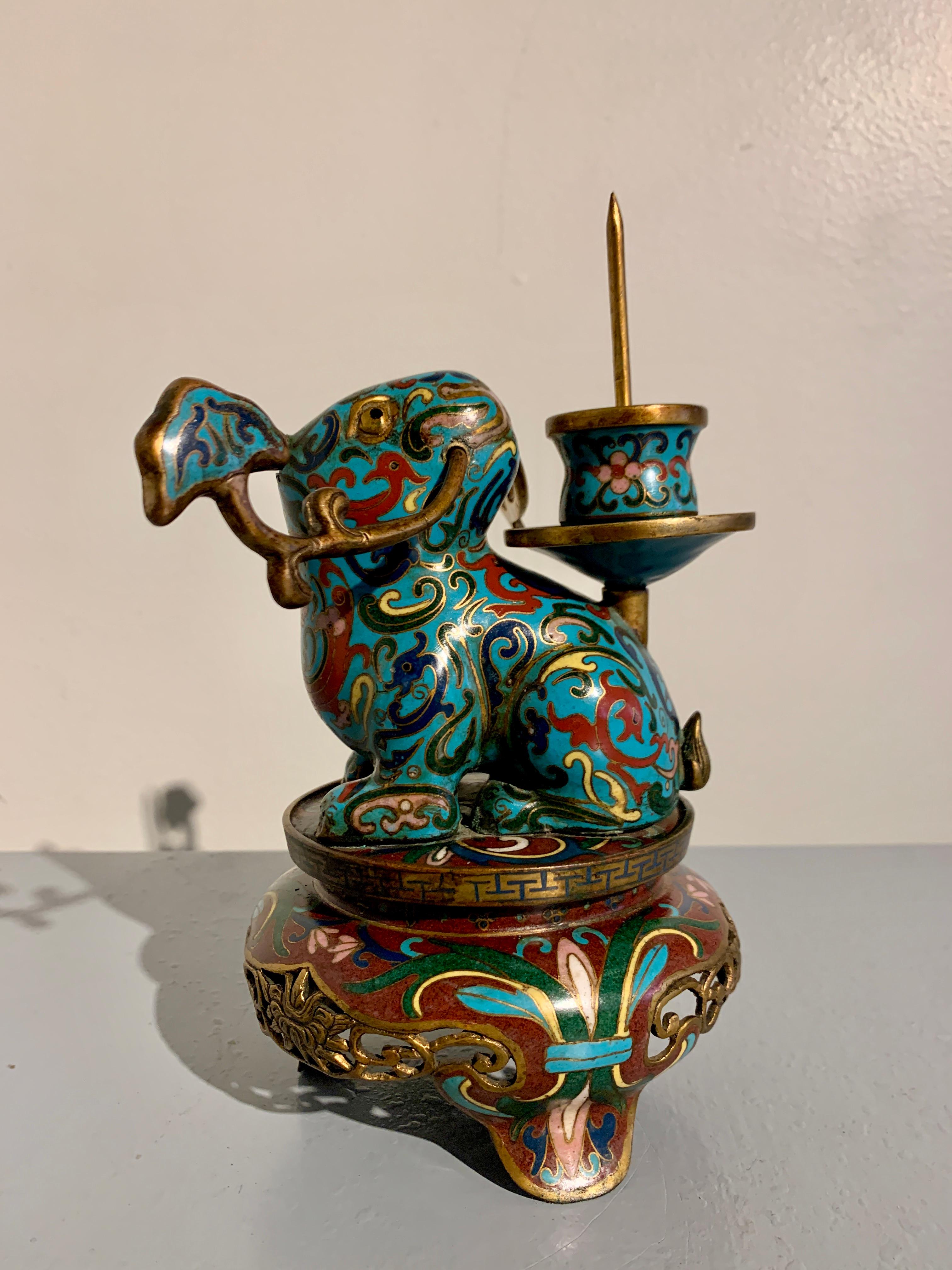 Pair Chinese Cloisonne Tapir Candlesticks, Qing Dynasty, circa 1900, China For Sale 7