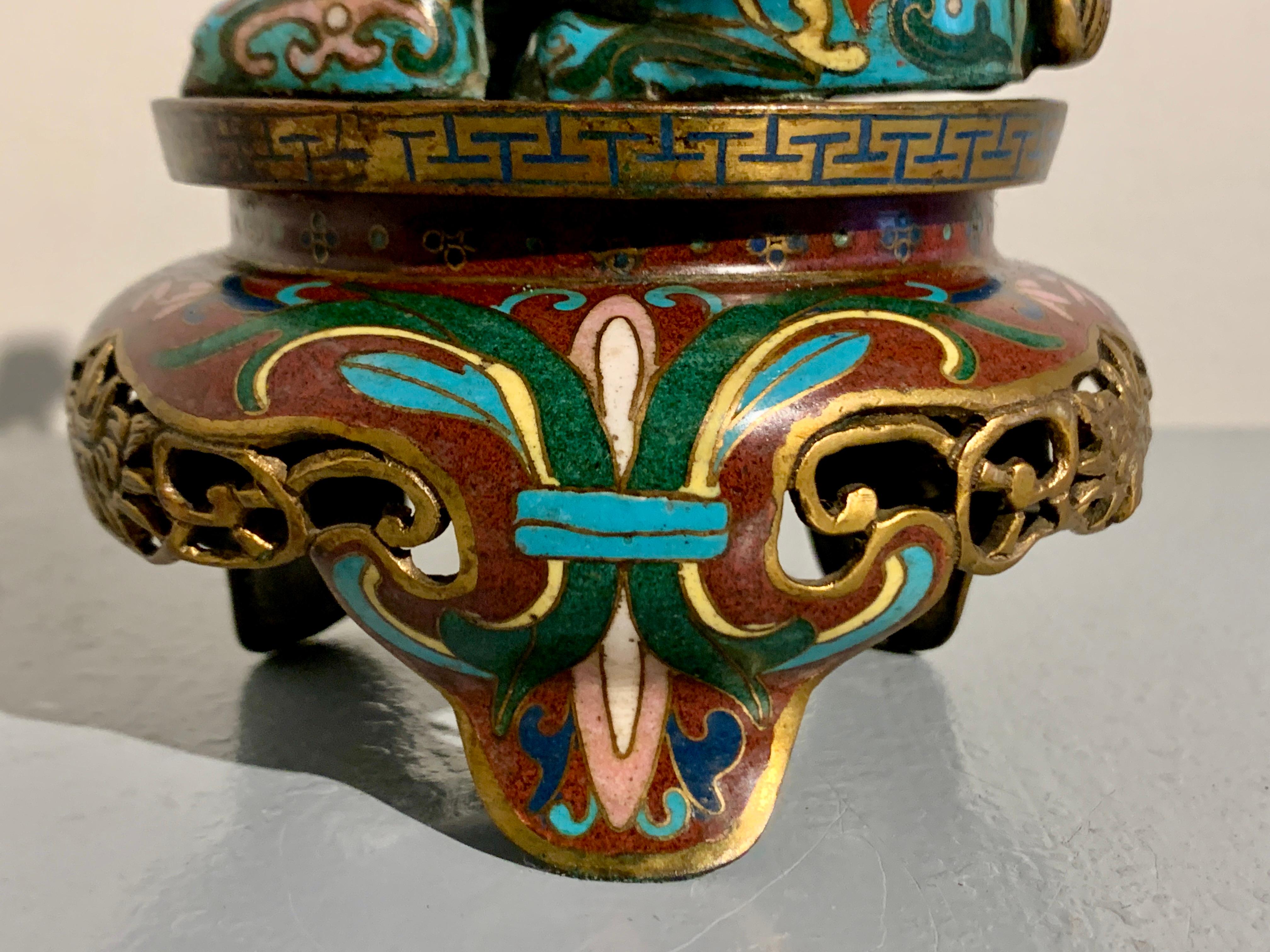 Pair Chinese Cloisonne Tapir Candlesticks, Qing Dynasty, circa 1900, China For Sale 11