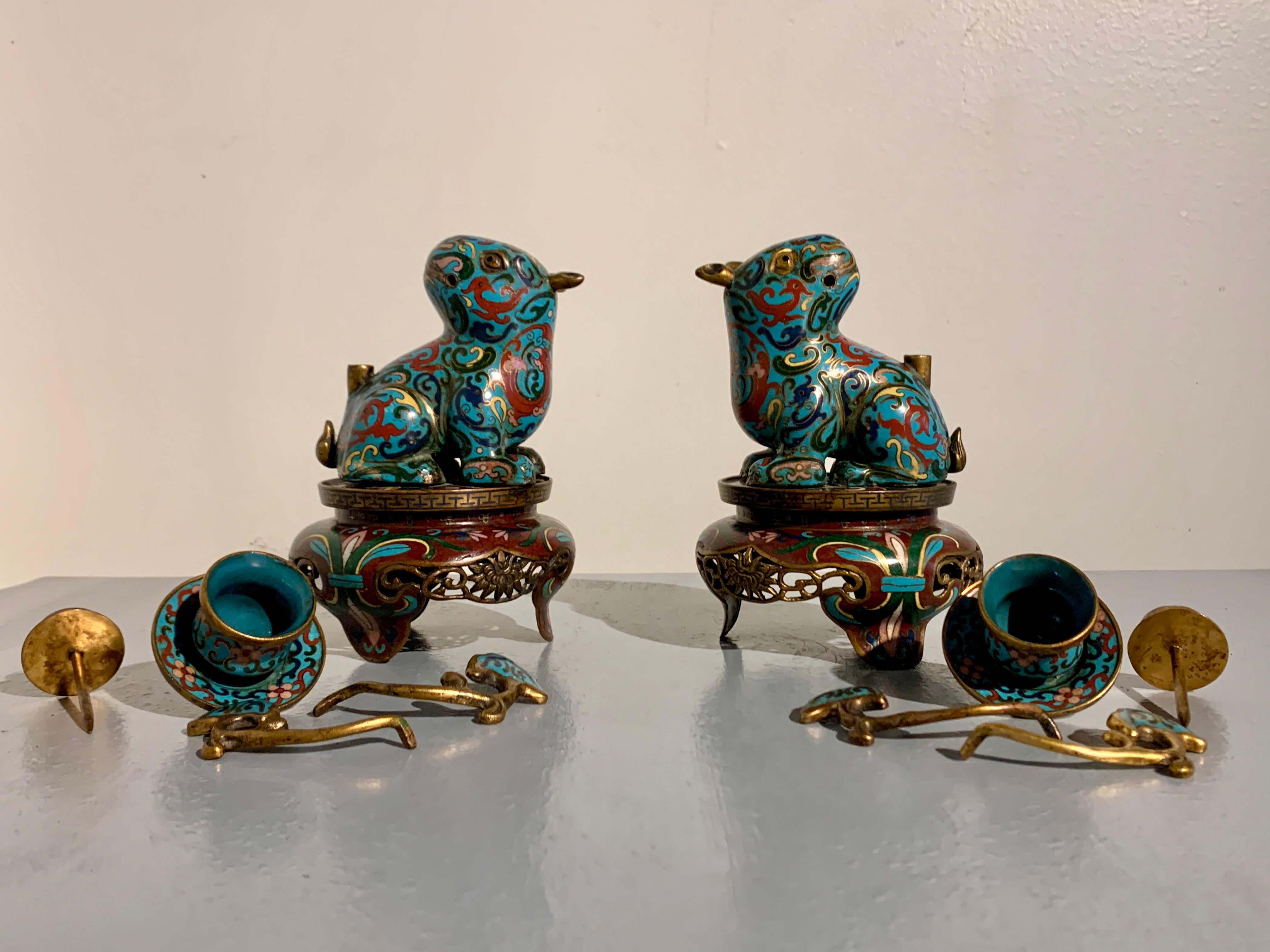 Pair Chinese Cloisonne Tapir Candlesticks, Qing Dynasty, circa 1900, China For Sale 12