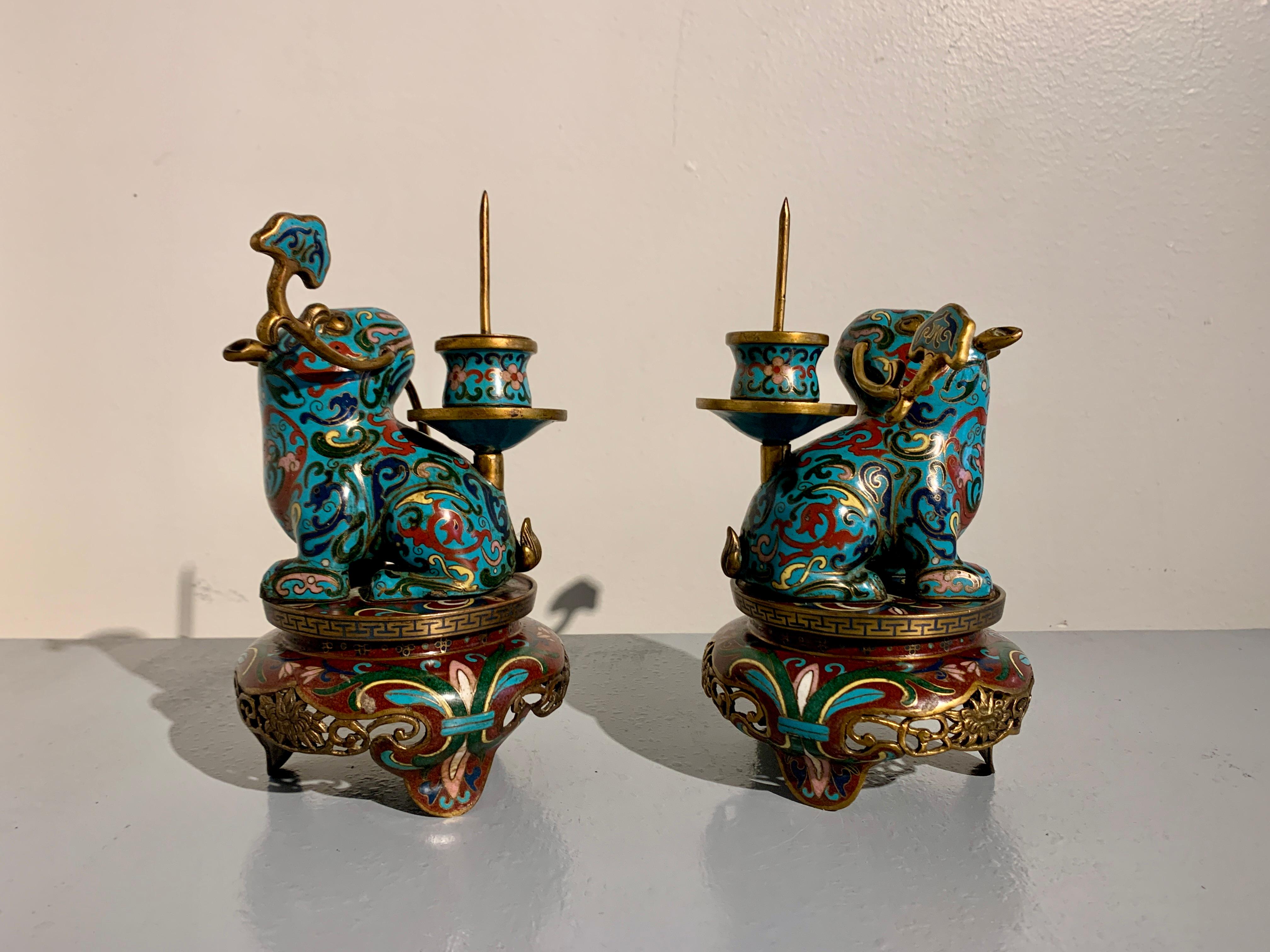 Cloissoné Pair Chinese Cloisonne Tapir Candlesticks, Qing Dynasty, circa 1900, China For Sale
