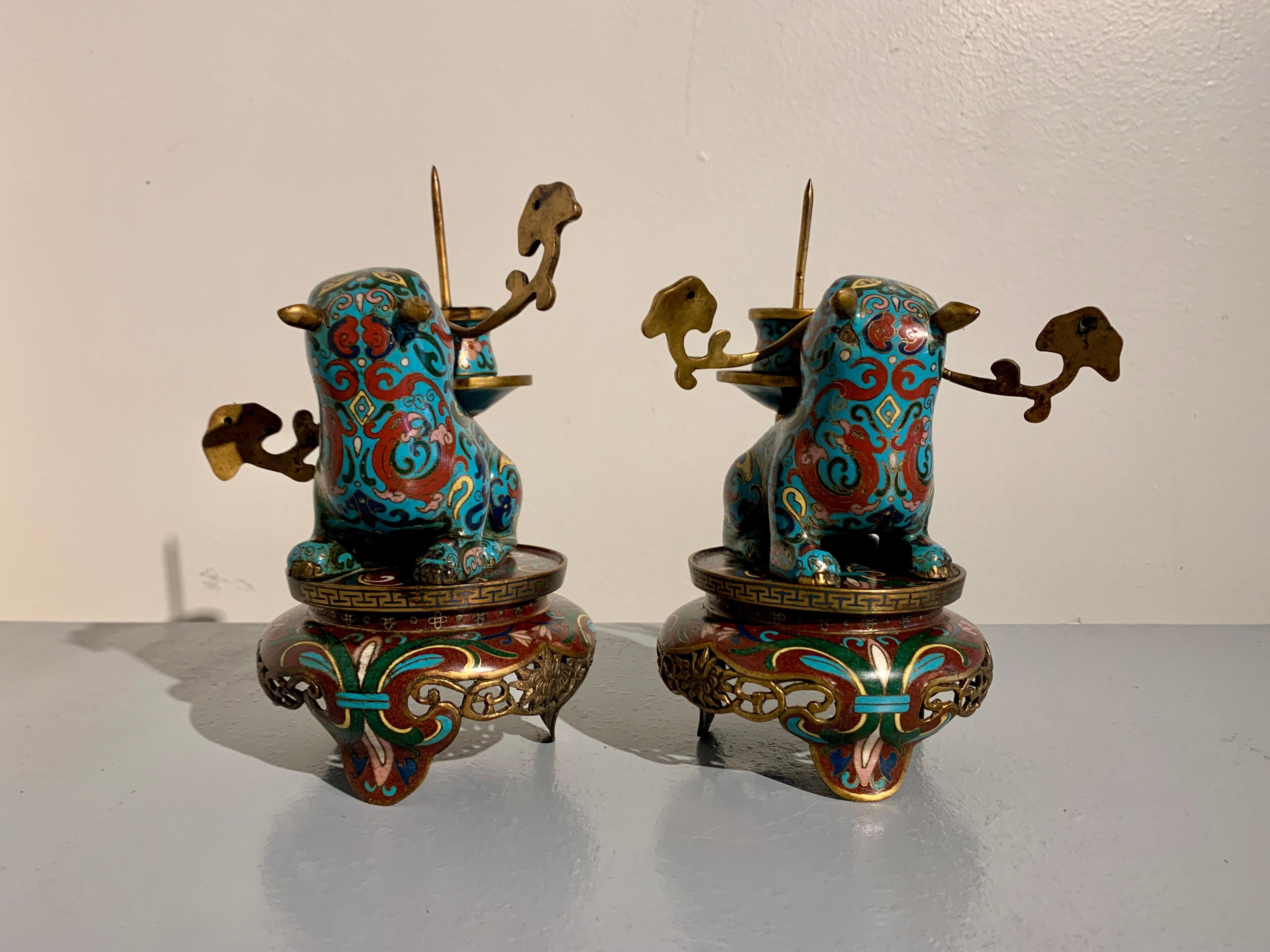 Pair Chinese Cloisonne Tapir Candlesticks, Qing Dynasty, circa 1900, China In Good Condition For Sale In Austin, TX