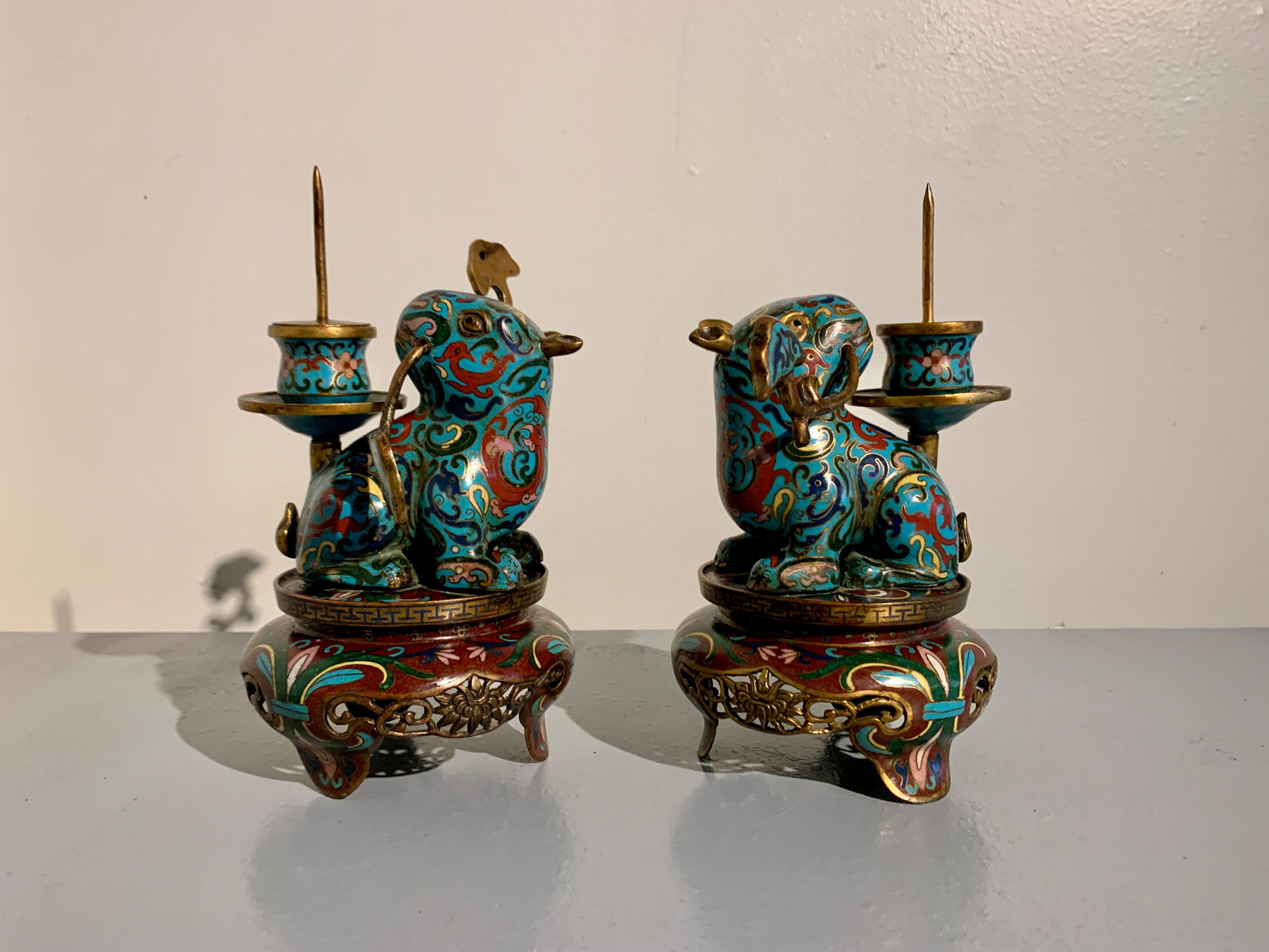 Early 20th Century Pair Chinese Cloisonne Tapir Candlesticks, Qing Dynasty, circa 1900, China For Sale
