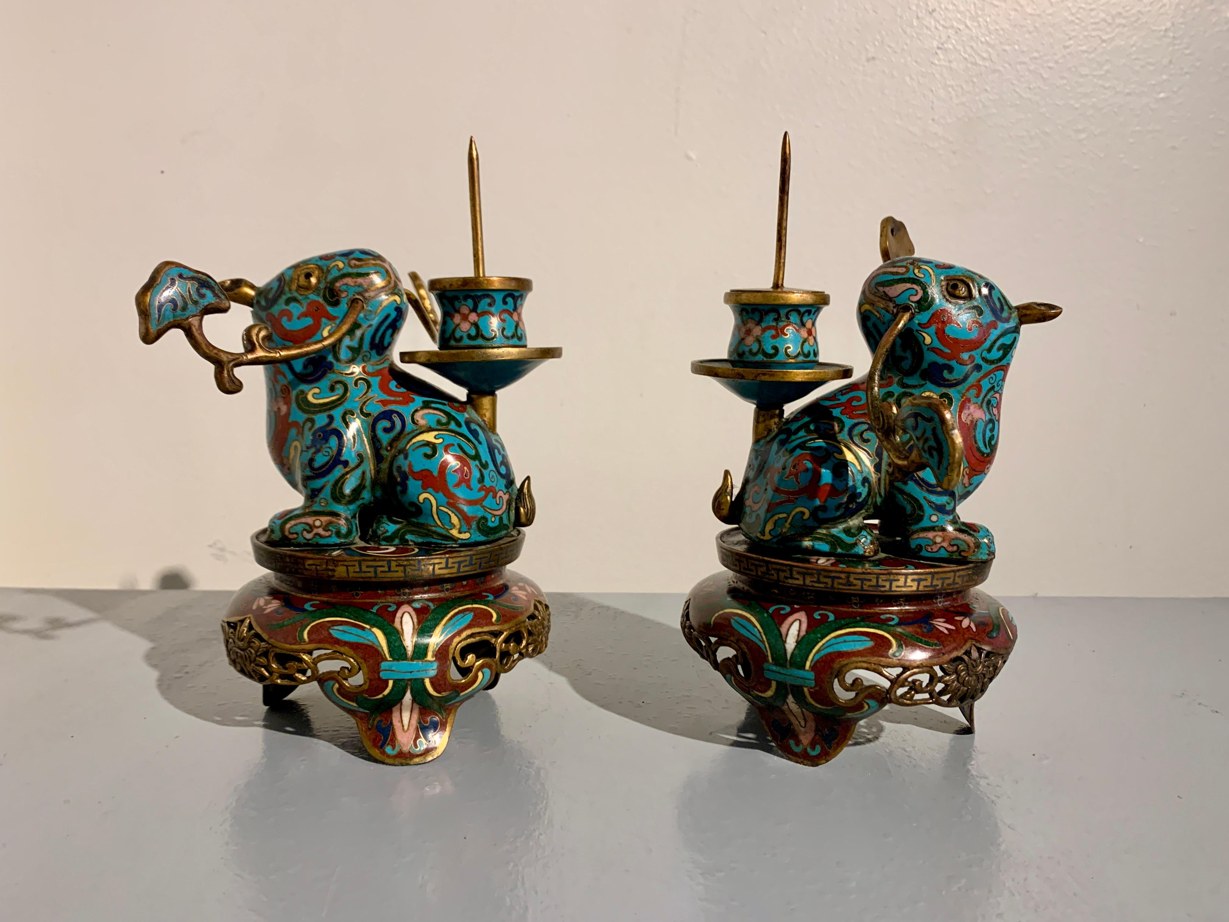 Copper Pair Chinese Cloisonne Tapir Candlesticks, Qing Dynasty, circa 1900, China For Sale