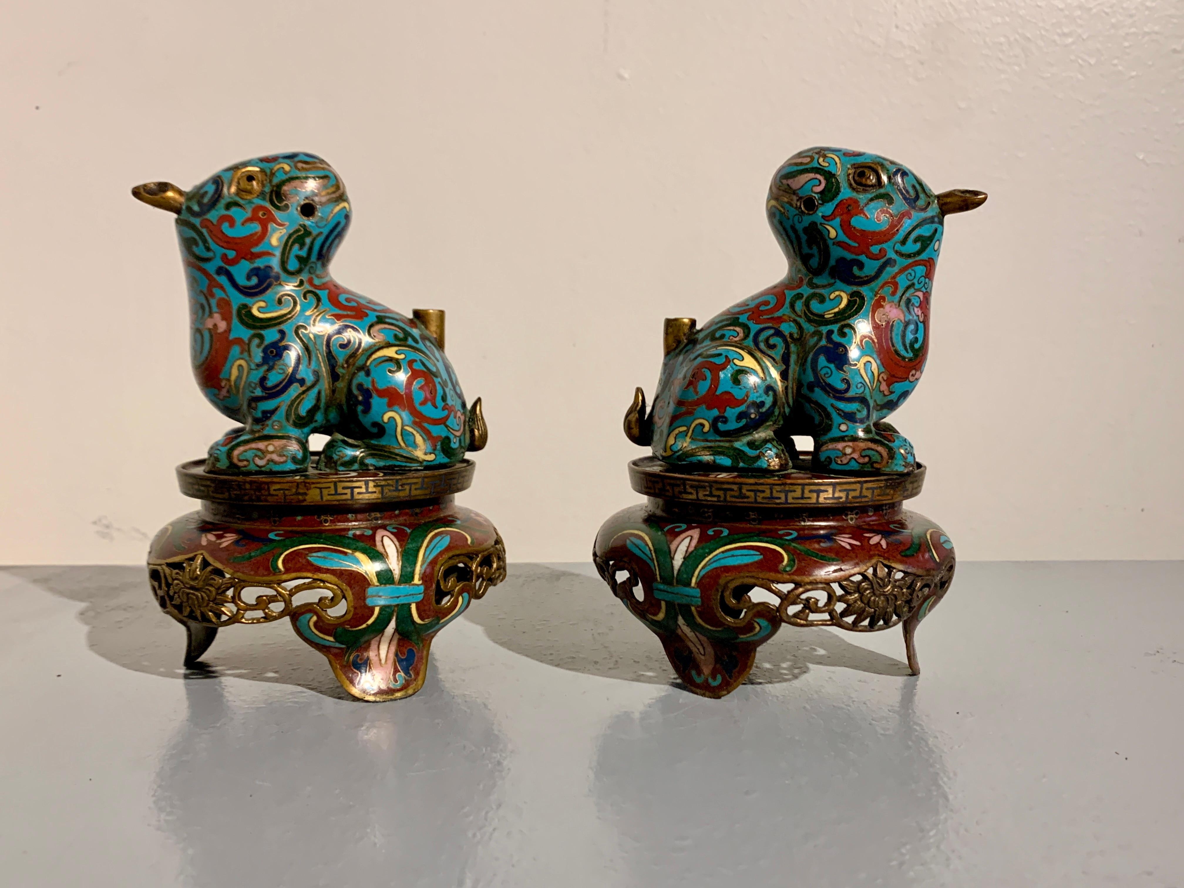 Pair Chinese Cloisonne Tapir Candlesticks, Qing Dynasty, circa 1900, China For Sale 1