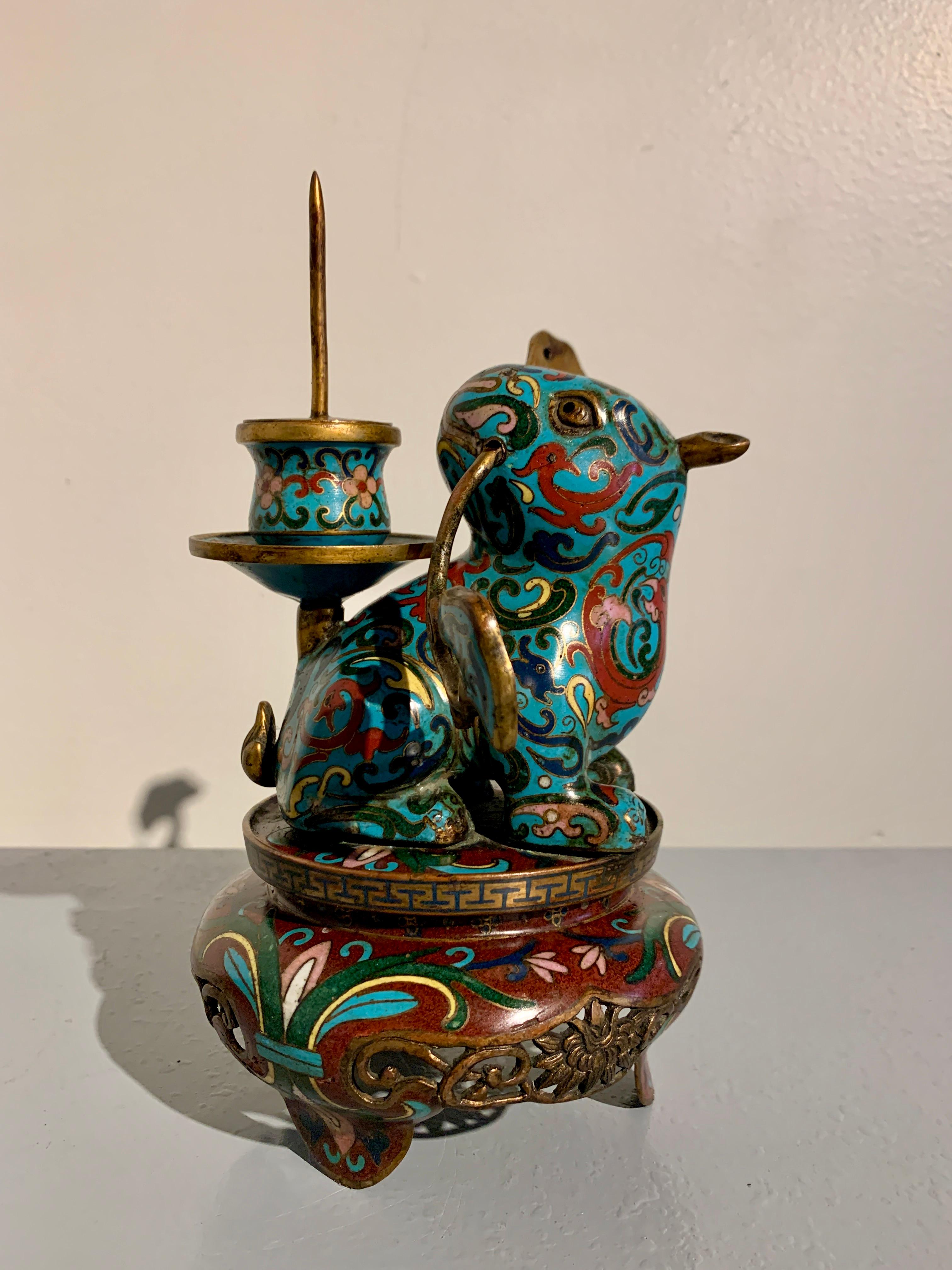 Pair Chinese Cloisonne Tapir Candlesticks, Qing Dynasty, circa 1900, China For Sale 2