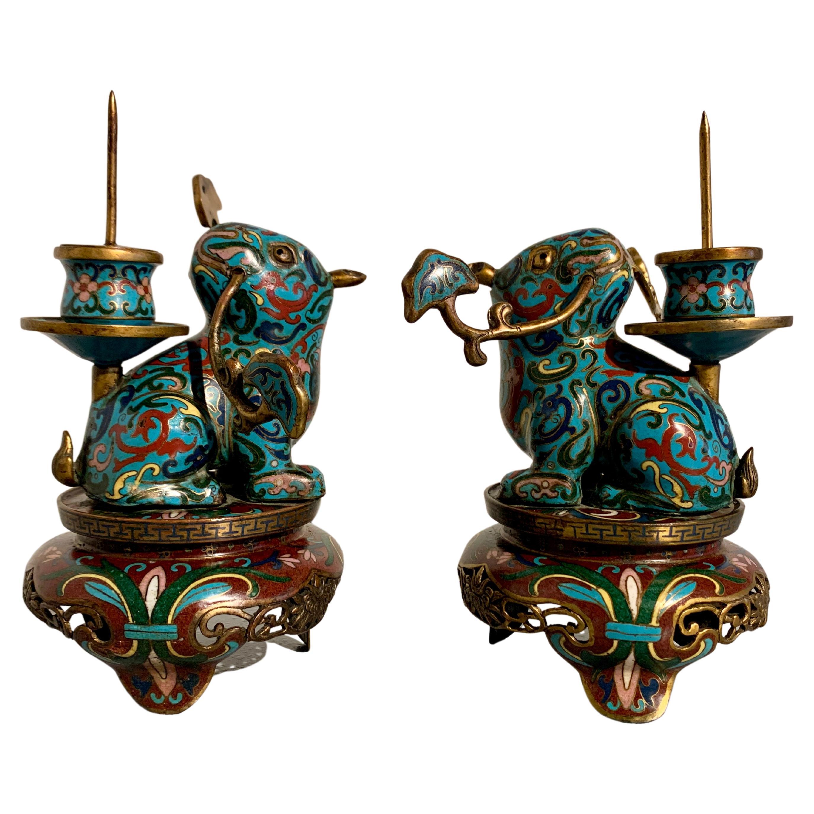 Pair Chinese Cloisonne Tapir Candlesticks, Qing Dynasty, circa 1900, China For Sale