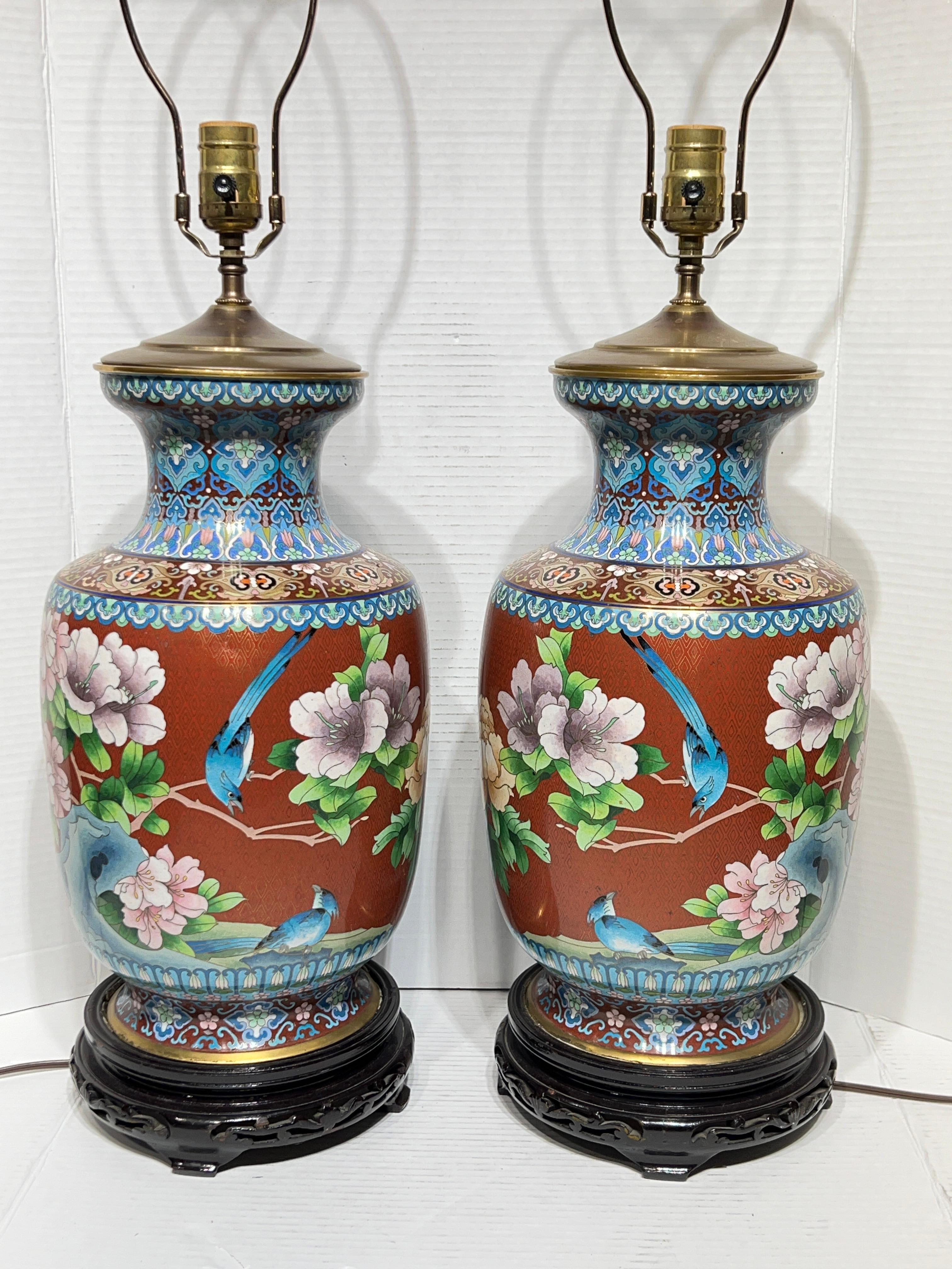 Cloissoné Pair Chinese Cloisonne Vase Table Lamps For Sale