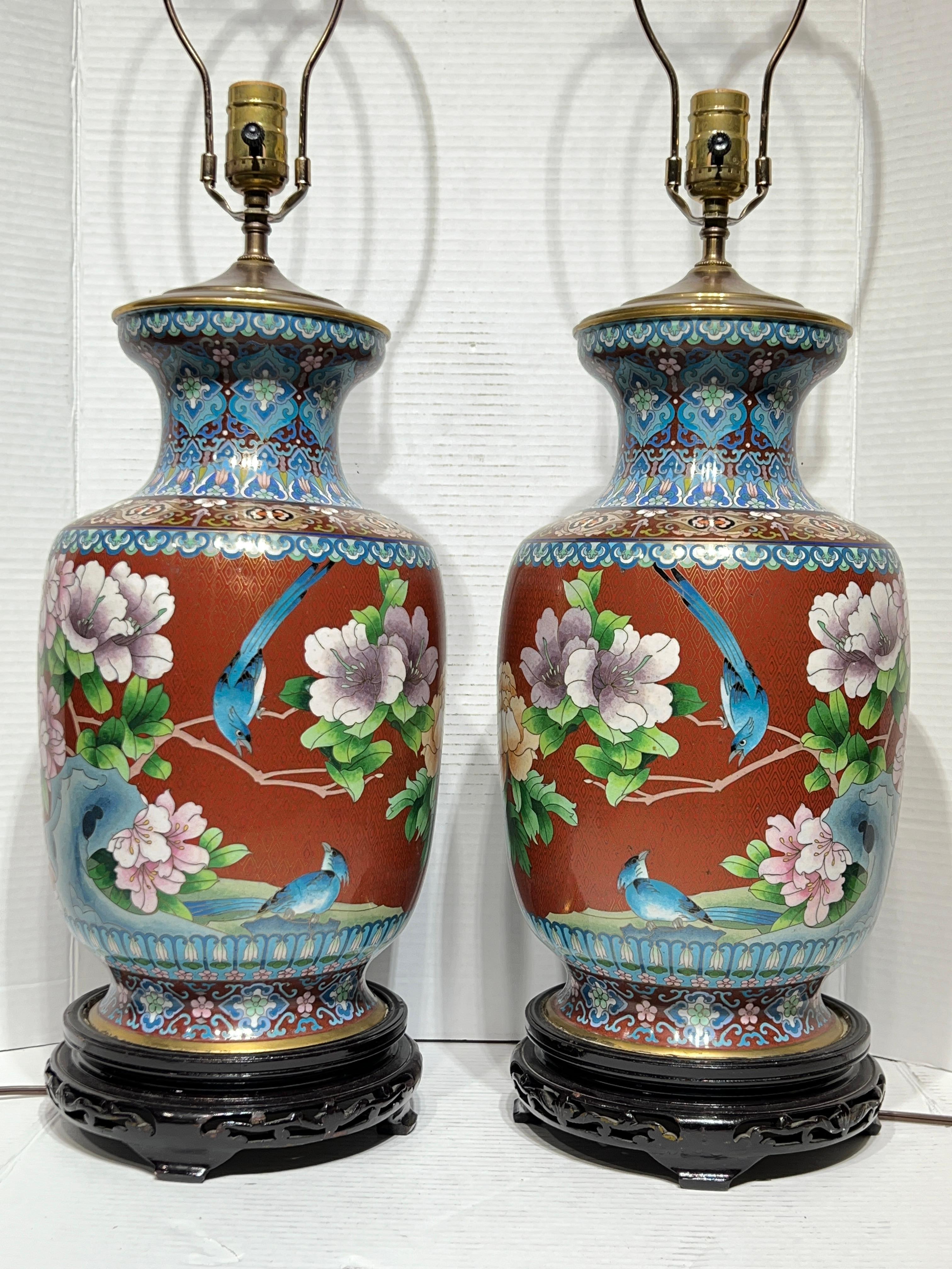 Pair Chinese Cloisonne Vase Table Lamps In Good Condition For Sale In New York, NY