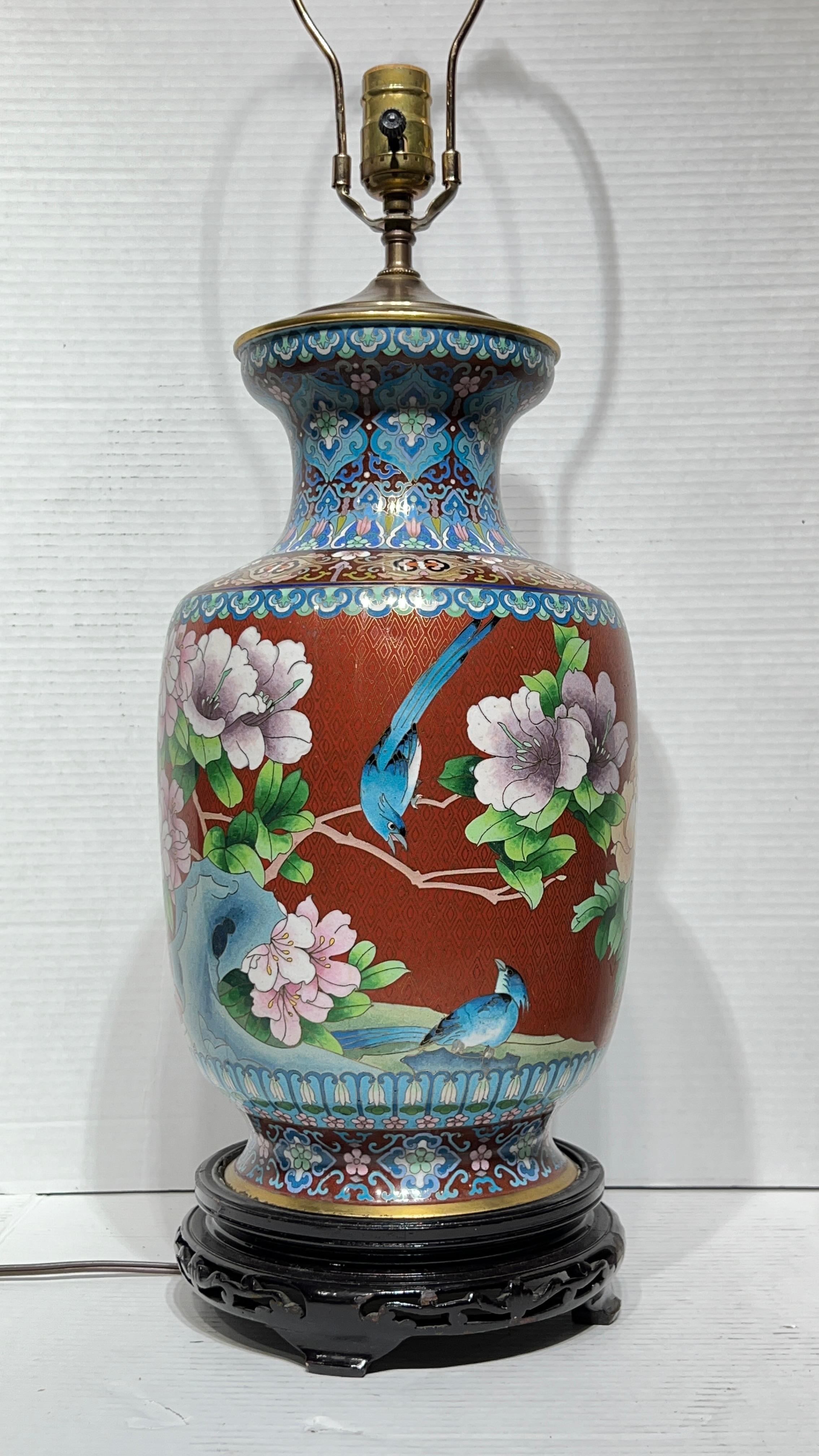 Late 20th Century Pair Chinese Cloisonne Vase Table Lamps For Sale