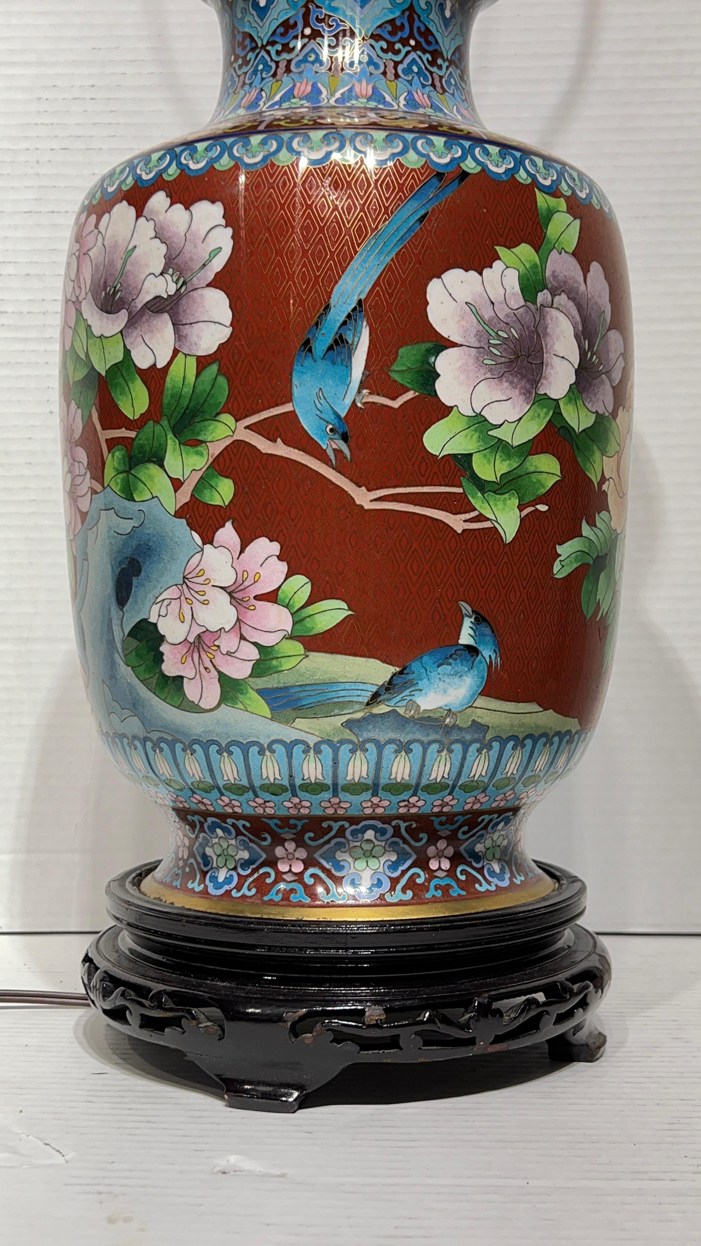 Metal Pair Chinese Cloisonne Vase Table Lamps For Sale