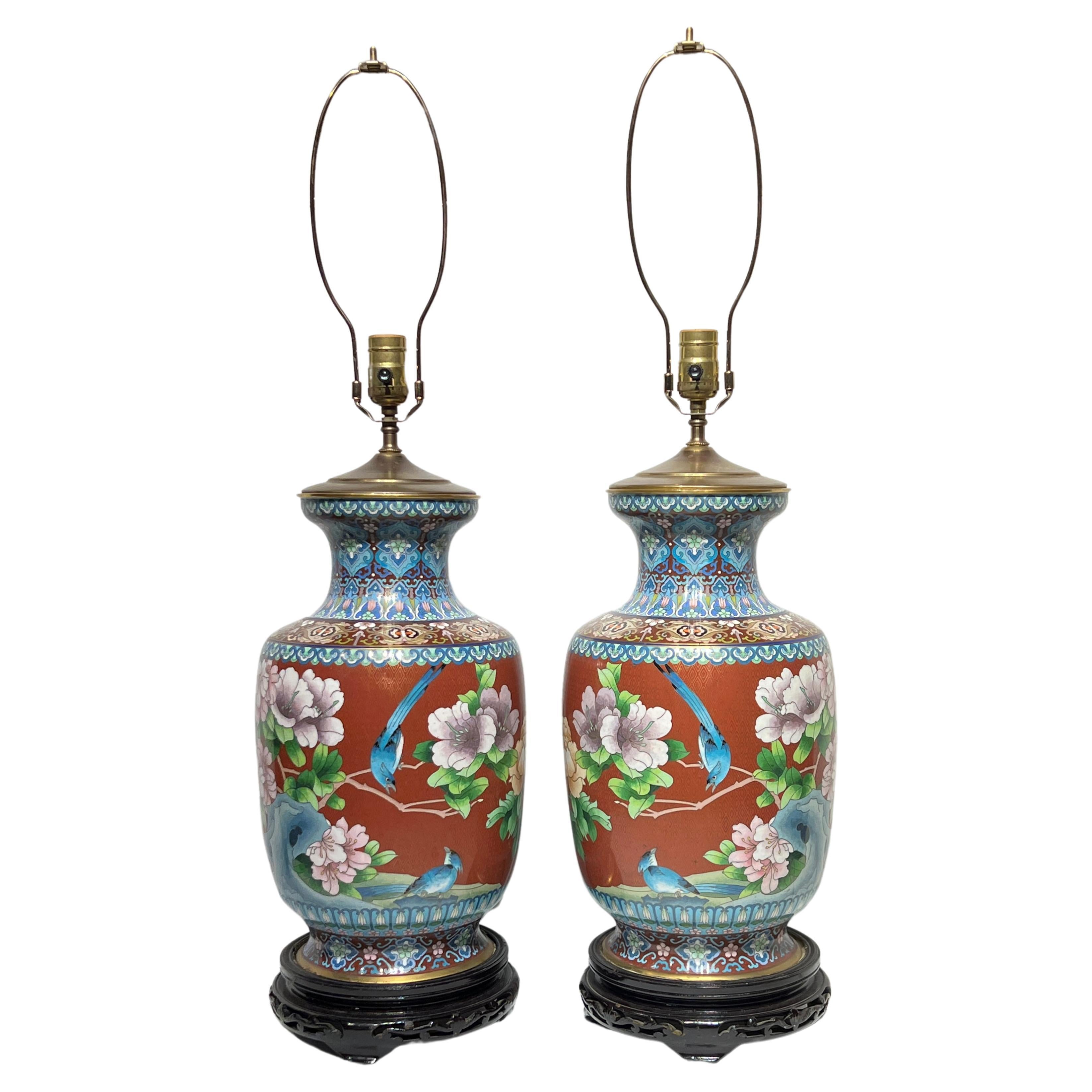 Pair Chinese Cloisonne Vase Table Lamps