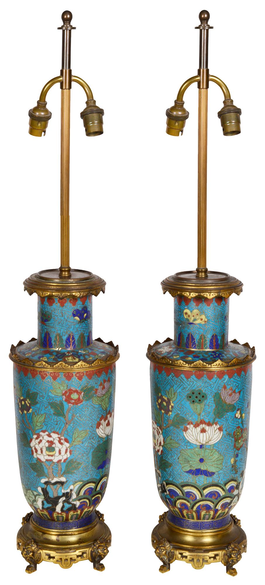 Enamel Pair Chinese Cloisonné Vases / Lamps, 19th Century For Sale