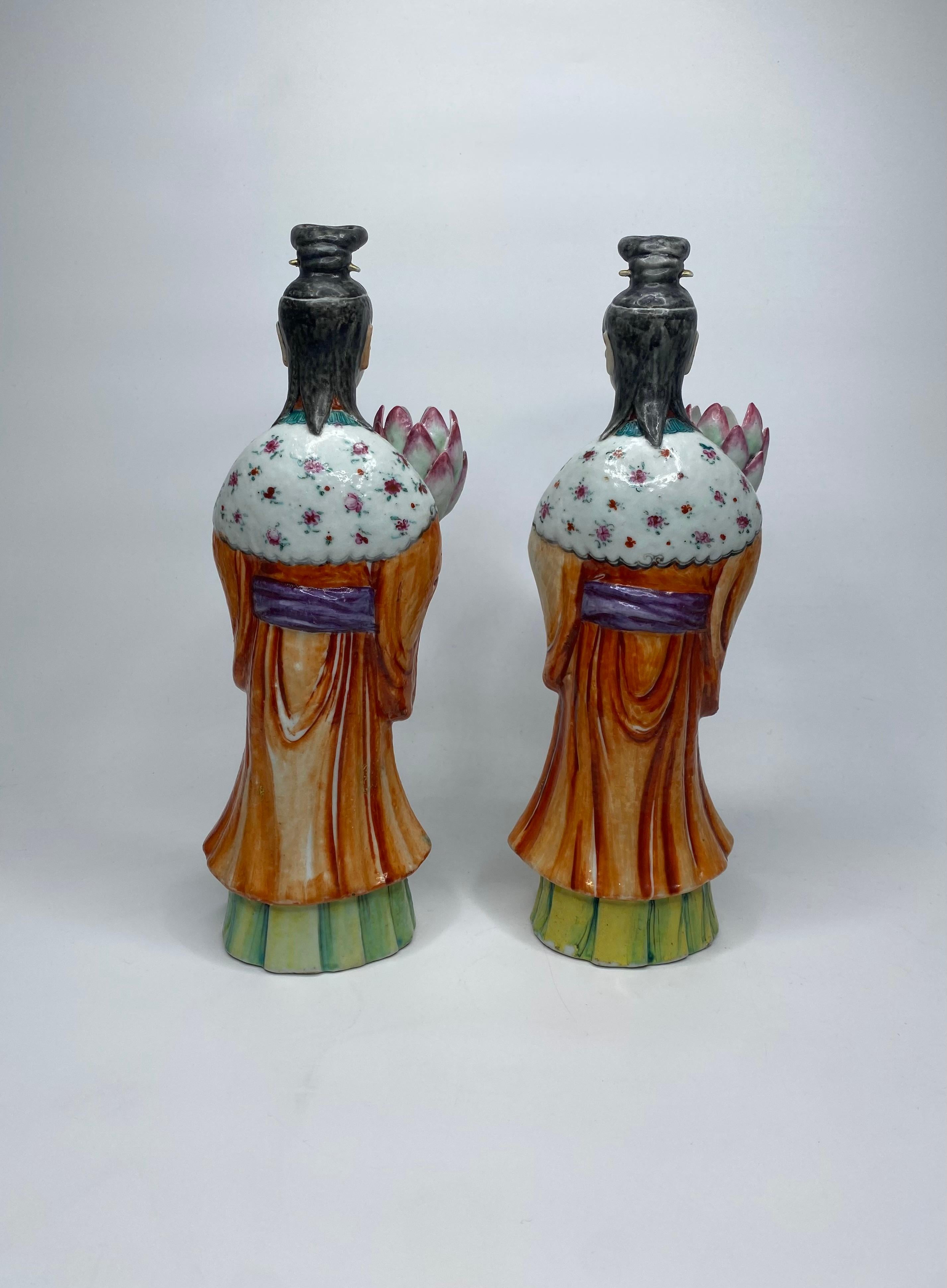 Qing Pair Chinese Court Lady candlesticks, c. 1760, Qianlong. For Sale