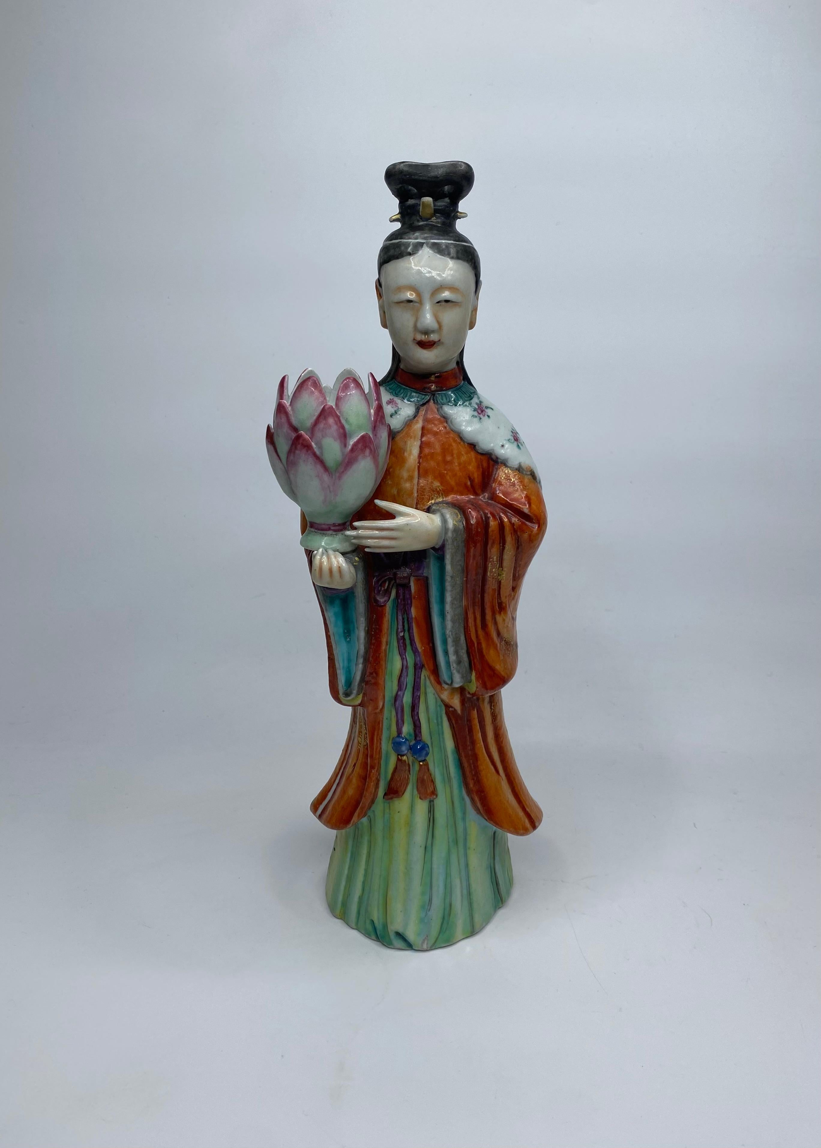 Fired Pair Chinese Court Lady candlesticks, c. 1760, Qianlong. For Sale