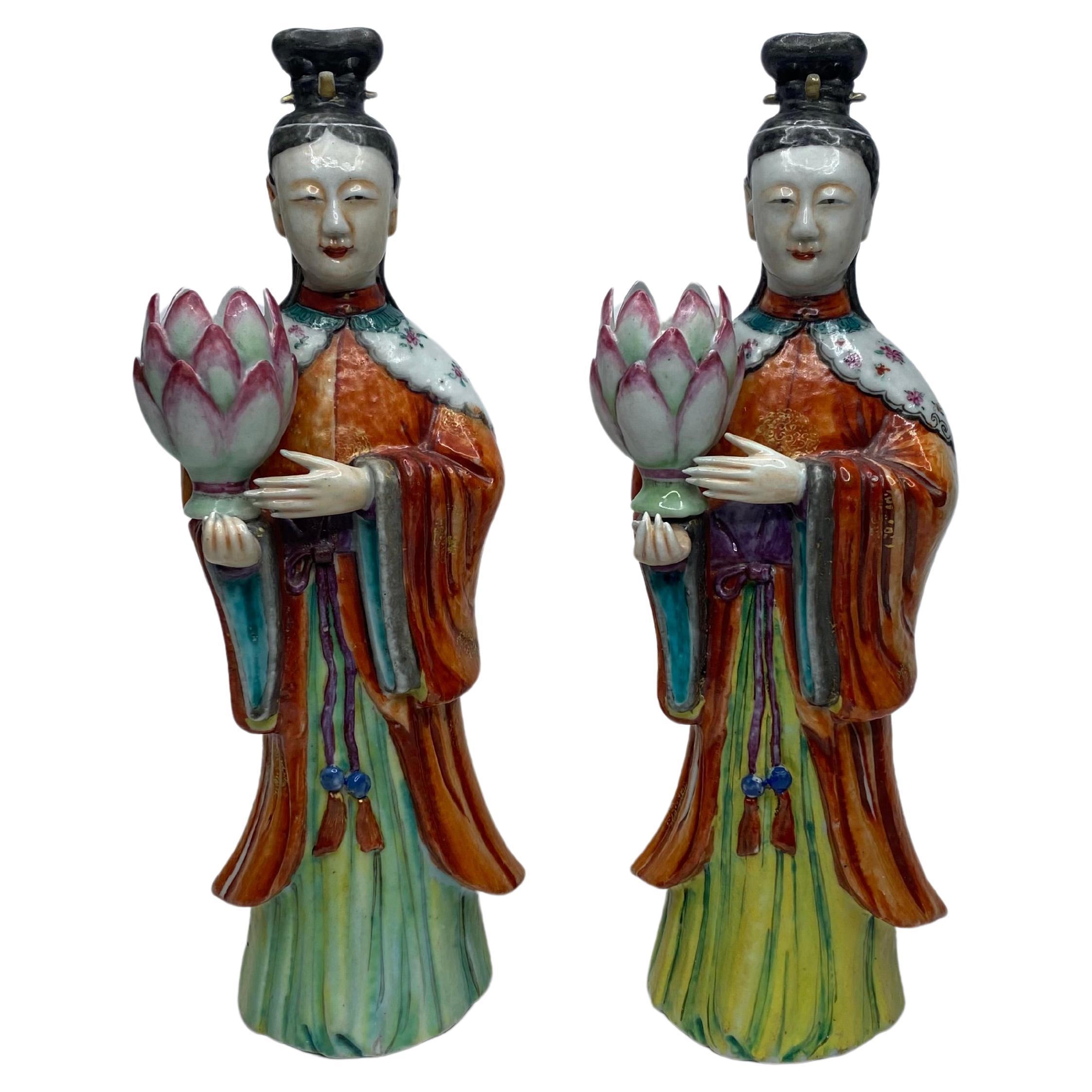 Pair Chinese Court Lady candlesticks, c. 1760, Qianlong. For Sale
