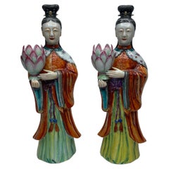 Antique Pair Chinese Court Lady candlesticks, c. 1760, Qianlong.