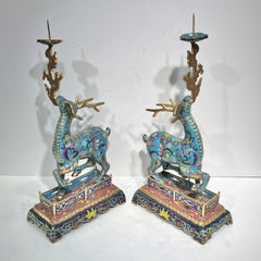 Pair Chinese Deer-Form Cloisonne Enameled Metal Candle Holders / Candlesticks