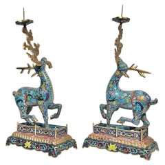 Pair Chinese Deer-Form Cloisonne Enameled Metal Candle Holders / Candlesticks