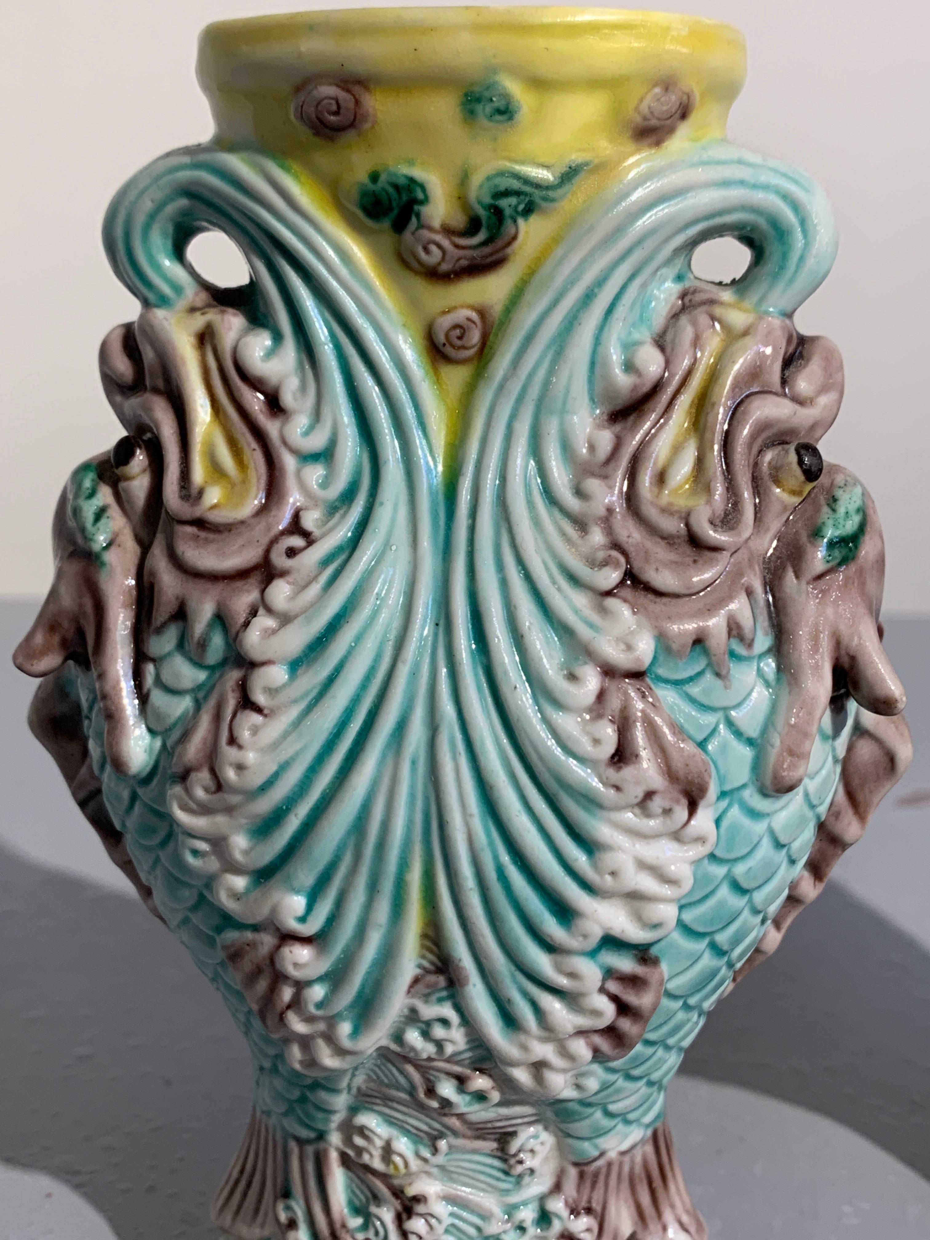 Pair Chinese Dragon Fish Glazed Porcelain Vase, Qing Dynasty, 19th-20th Century For Sale 6