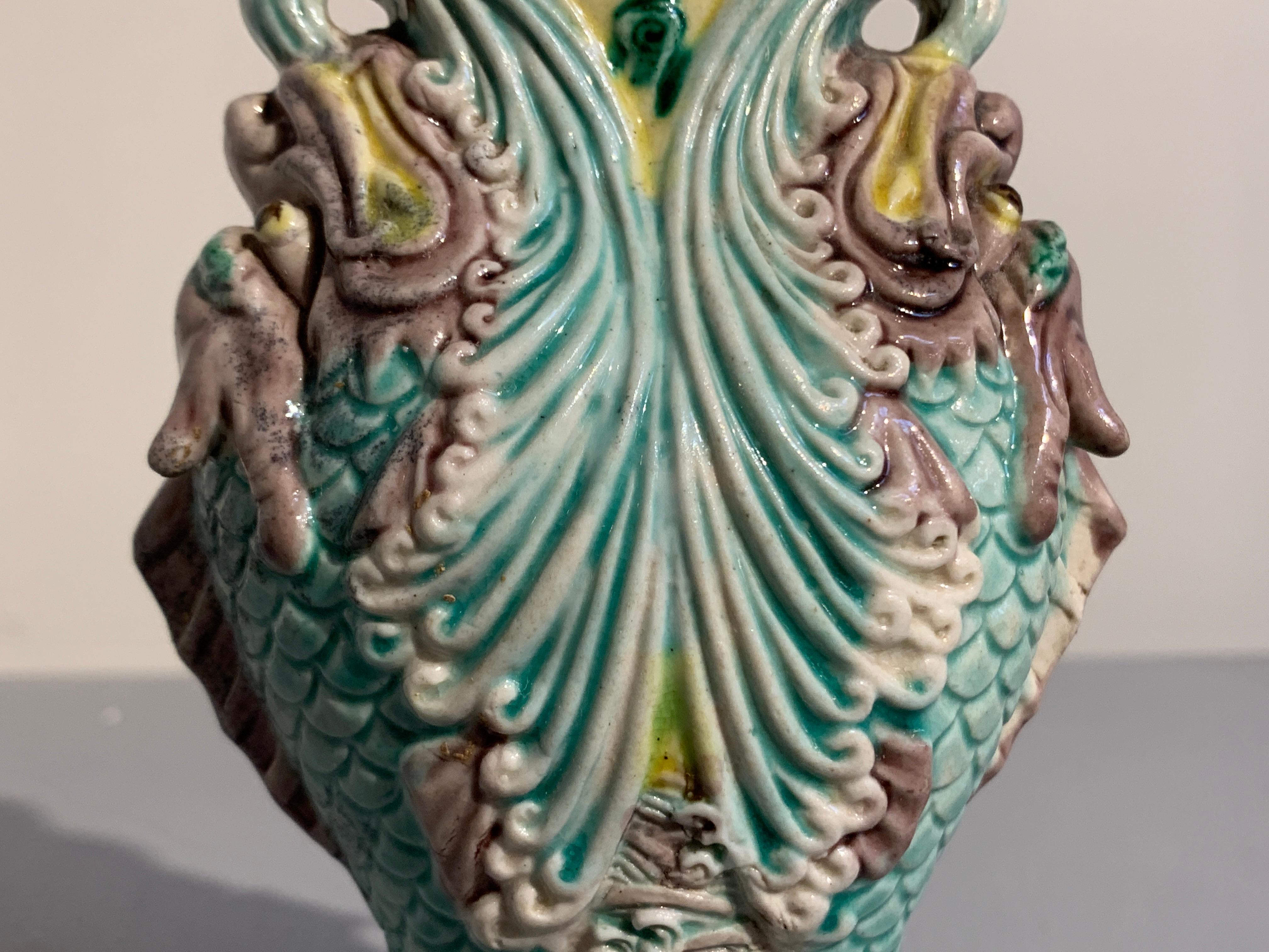 Pair Chinese Dragon Fish Glazed Porcelain Vase, Qing Dynasty, 19th-20th Century For Sale 8
