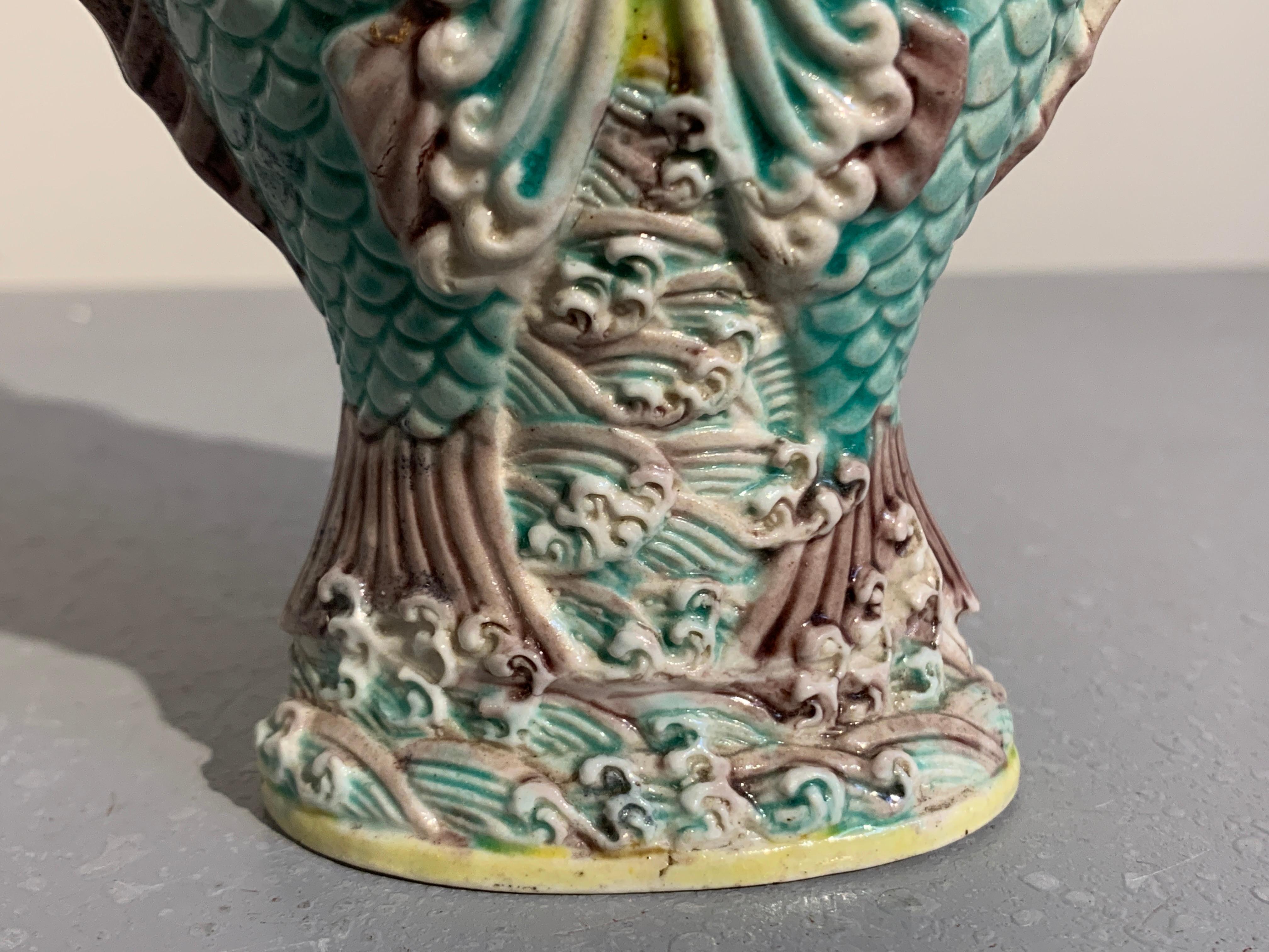 Pair Chinese Dragon Fish Glazed Porcelain Vase, Qing Dynasty, 19th-20th Century For Sale 9