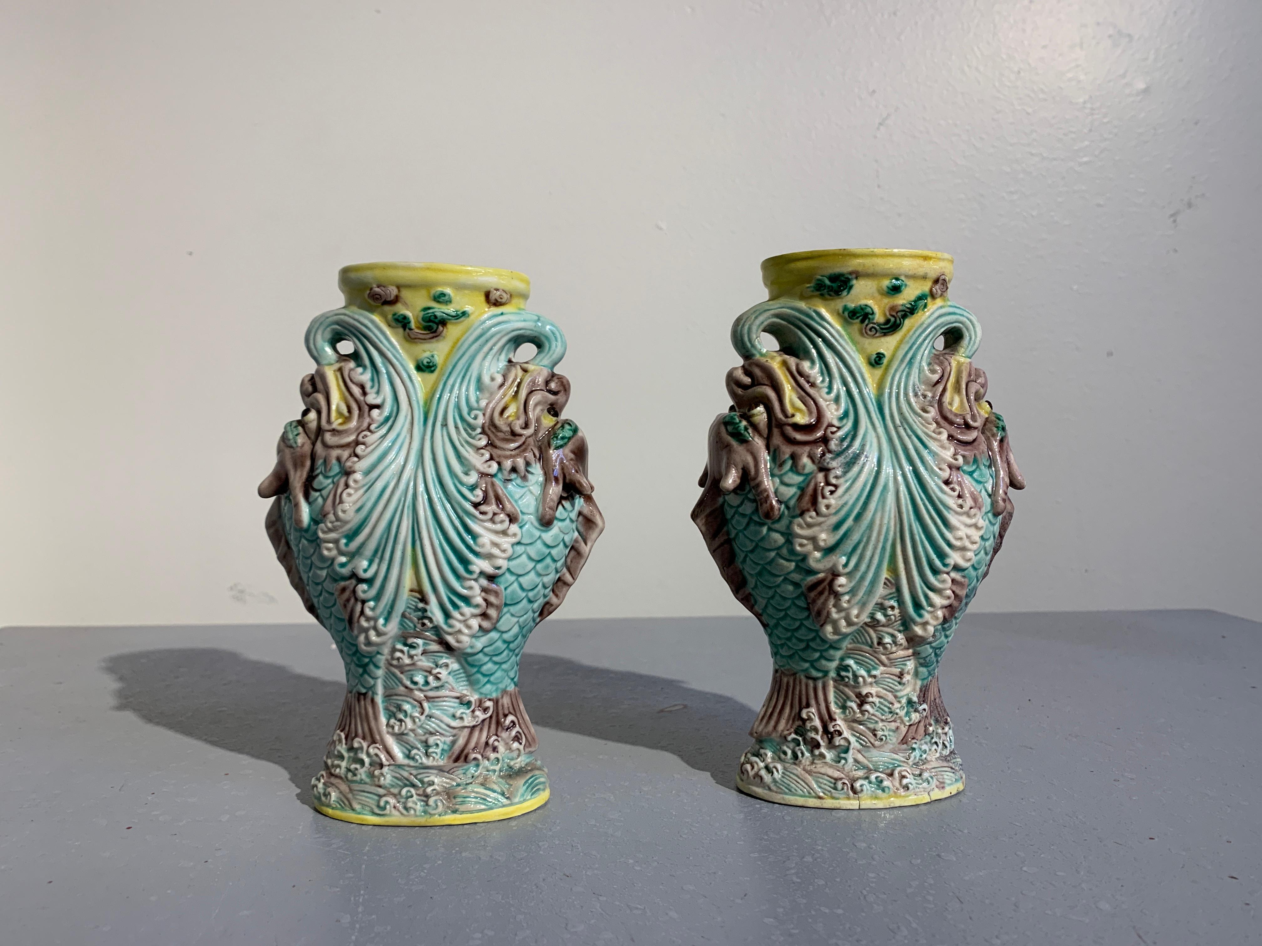 Pair Chinese Dragon Fish Glazed Porcelain Vase, Qing Dynasty, 19th-20th Century In Good Condition For Sale In Austin, TX