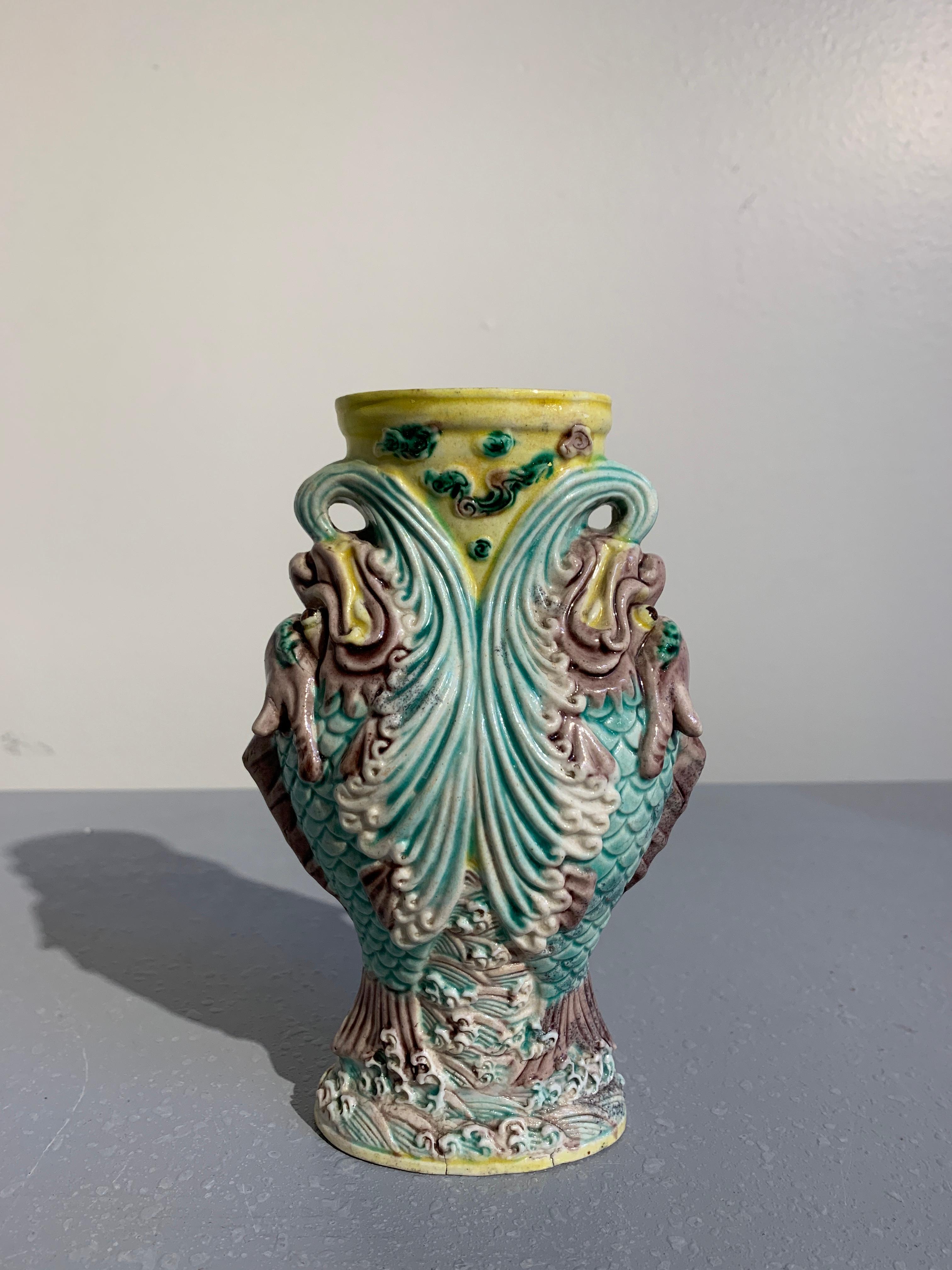 Early 20th Century Pair Chinese Dragon Fish Glazed Porcelain Vase, Qing Dynasty, 19th-20th Century For Sale
