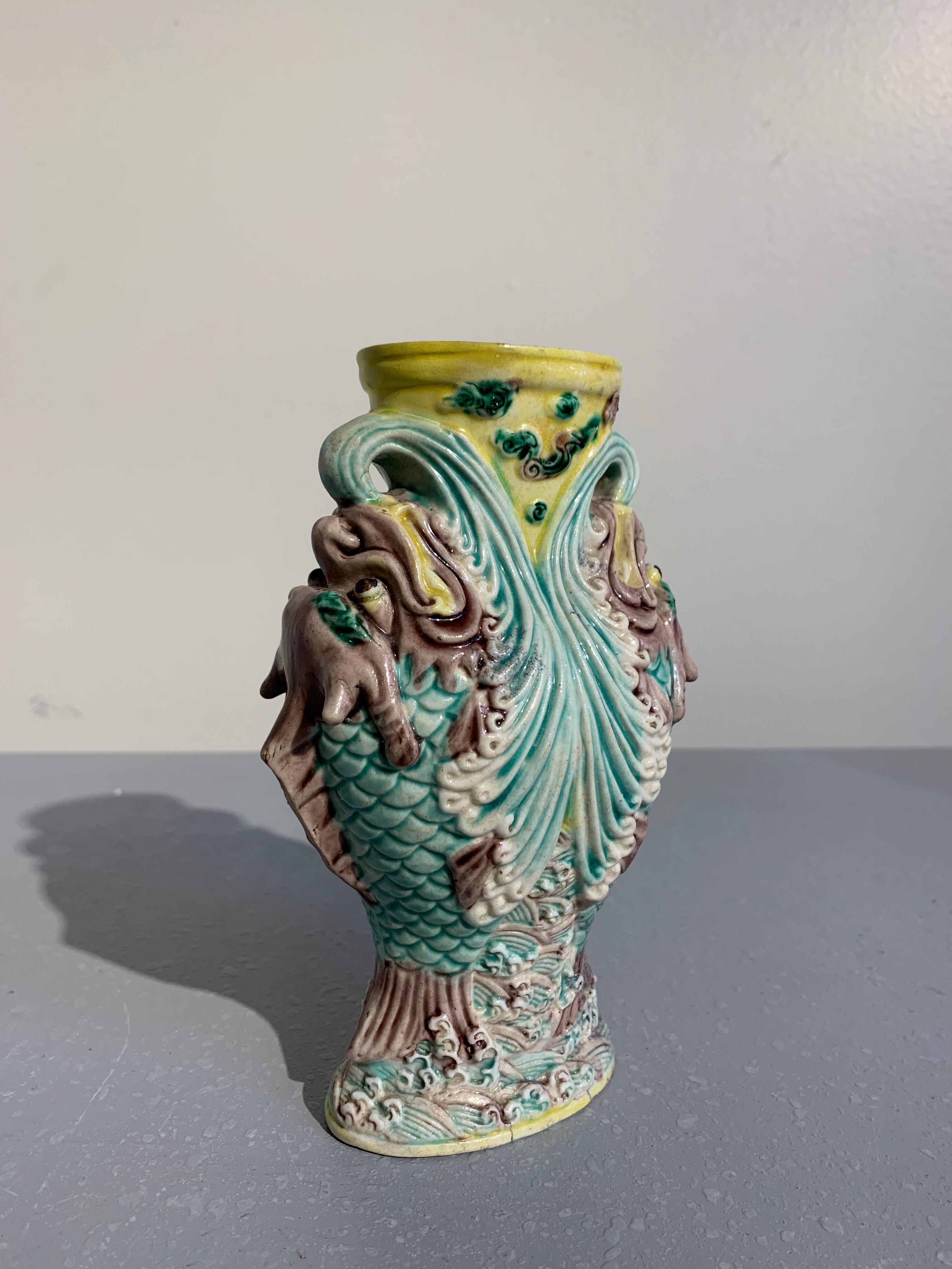 Pair Chinese Dragon Fish Glazed Porcelain Vase, Qing Dynasty, 19th-20th Century For Sale 1