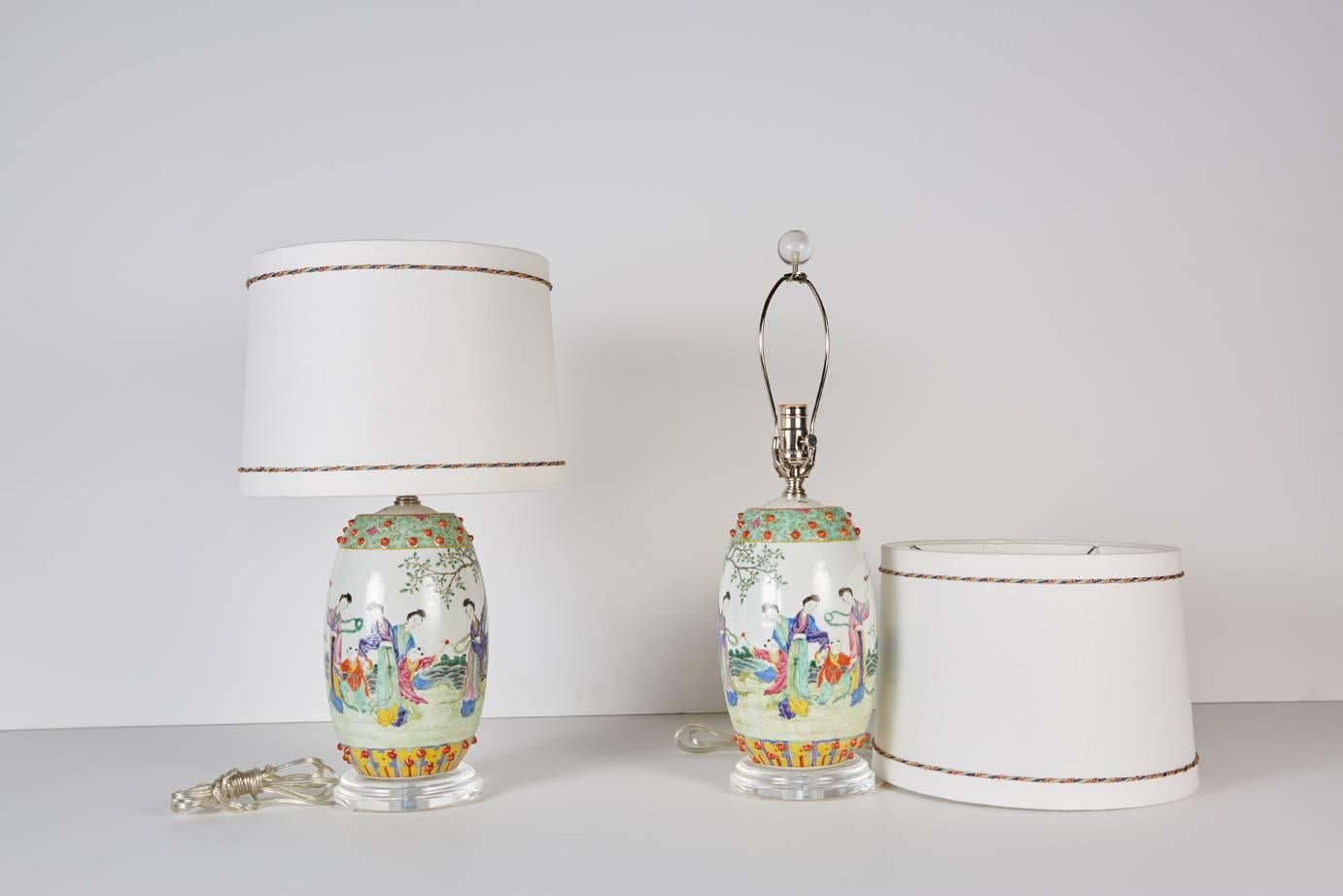 Chinese Export Pair of Chinese Drum Shaped Decorative Porcelains Custom Mounted as Lamps